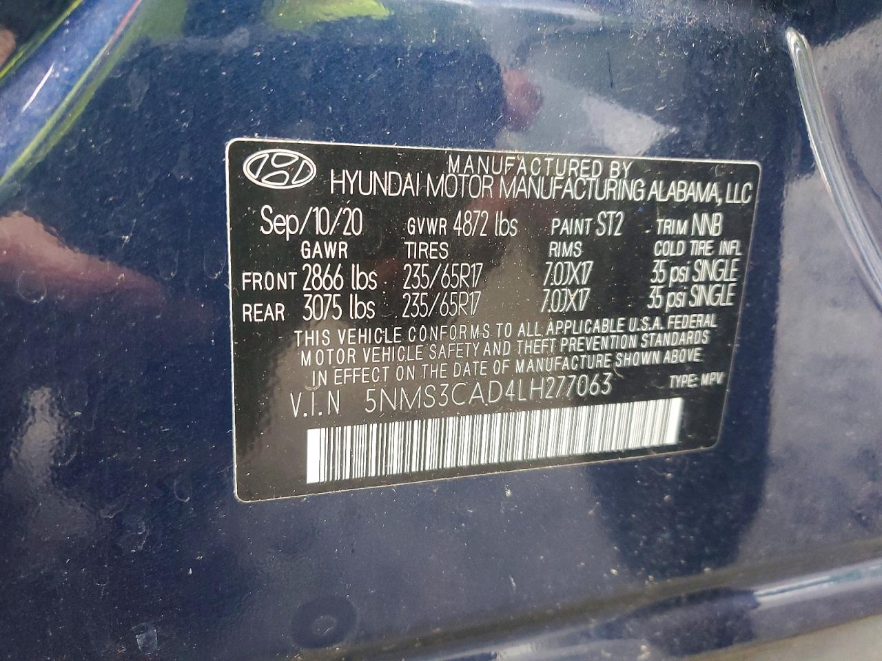 2020 Hyundai Santa Fe Sel Blue vin: 5NMS3CAD4LH277063