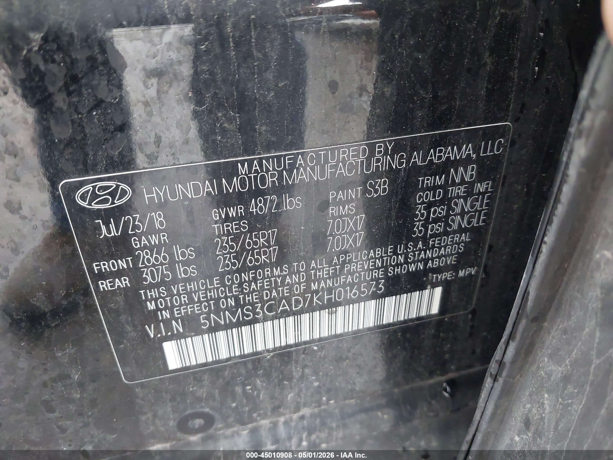 2019 Hyundai Santa Fe Sel Black vin: 5NMS3CAD7KH016573