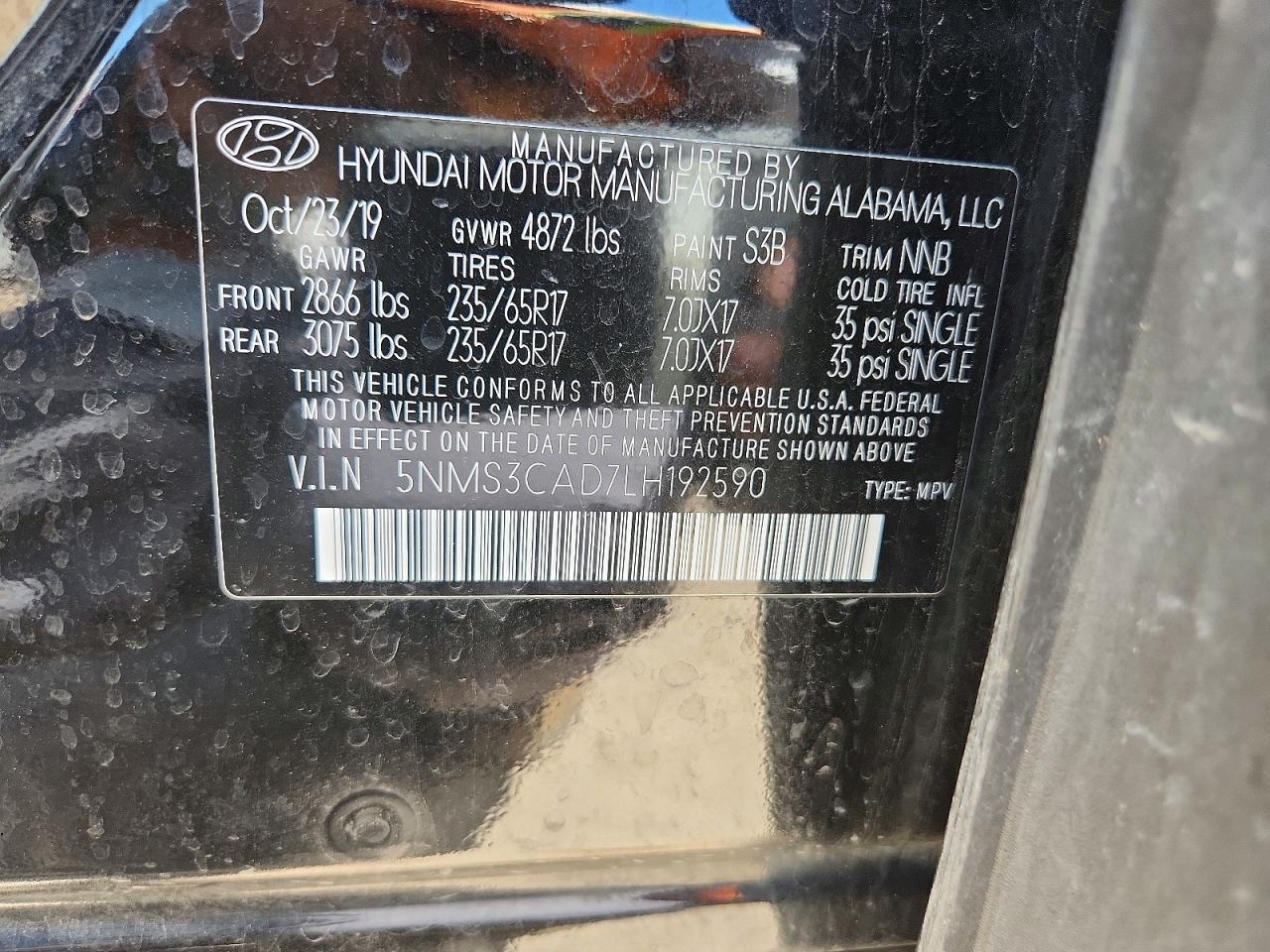 2020 Hyundai Santa Fe Sel Black vin: 5NMS3CAD7LH192590