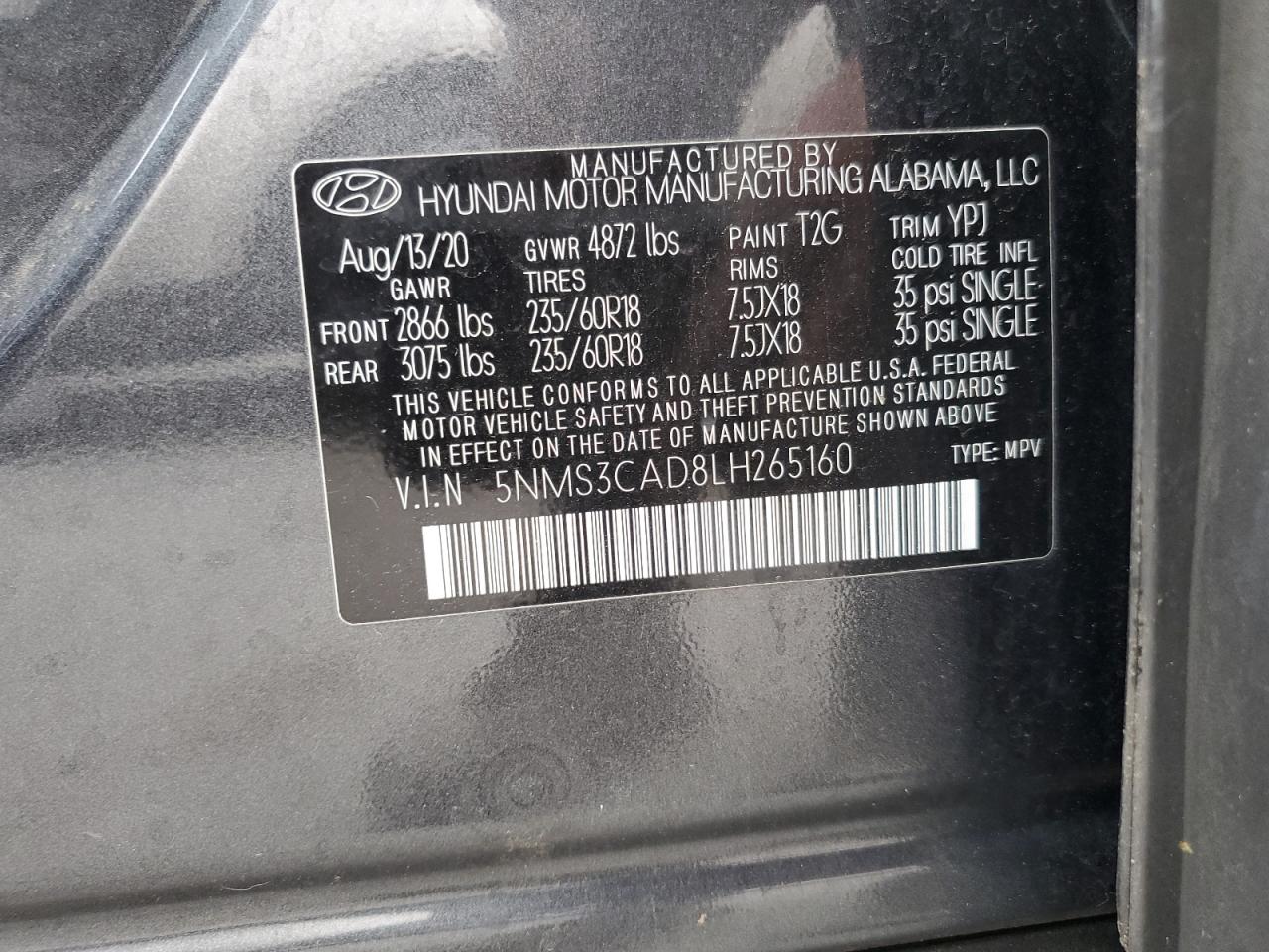 2020 Hyundai Santa Fe Sel Gray vin: 5NMS3CAD8LH265160