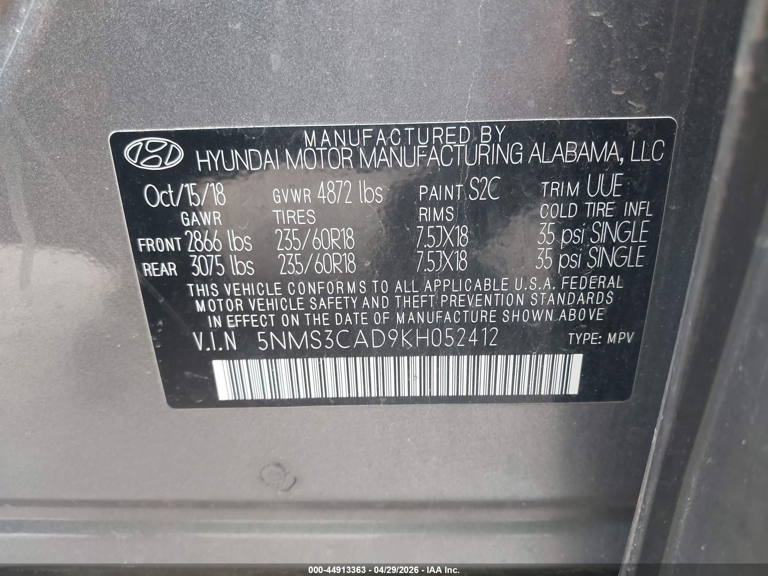 2019 Hyundai Santa Fe Sel Plus Gray vin: 5NMS3CAD9KH052412
