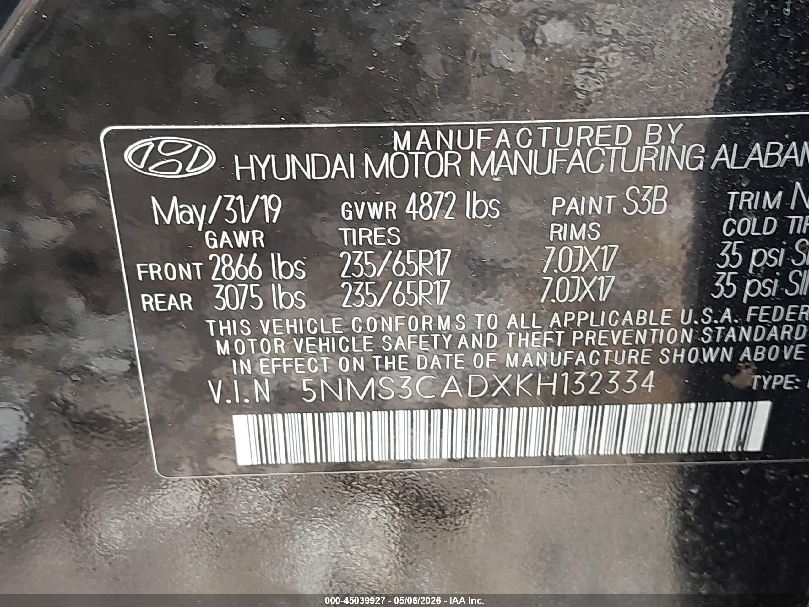 2019 Hyundai Santa Fe Sel Черный vin: 5NMS3CADXKH132334