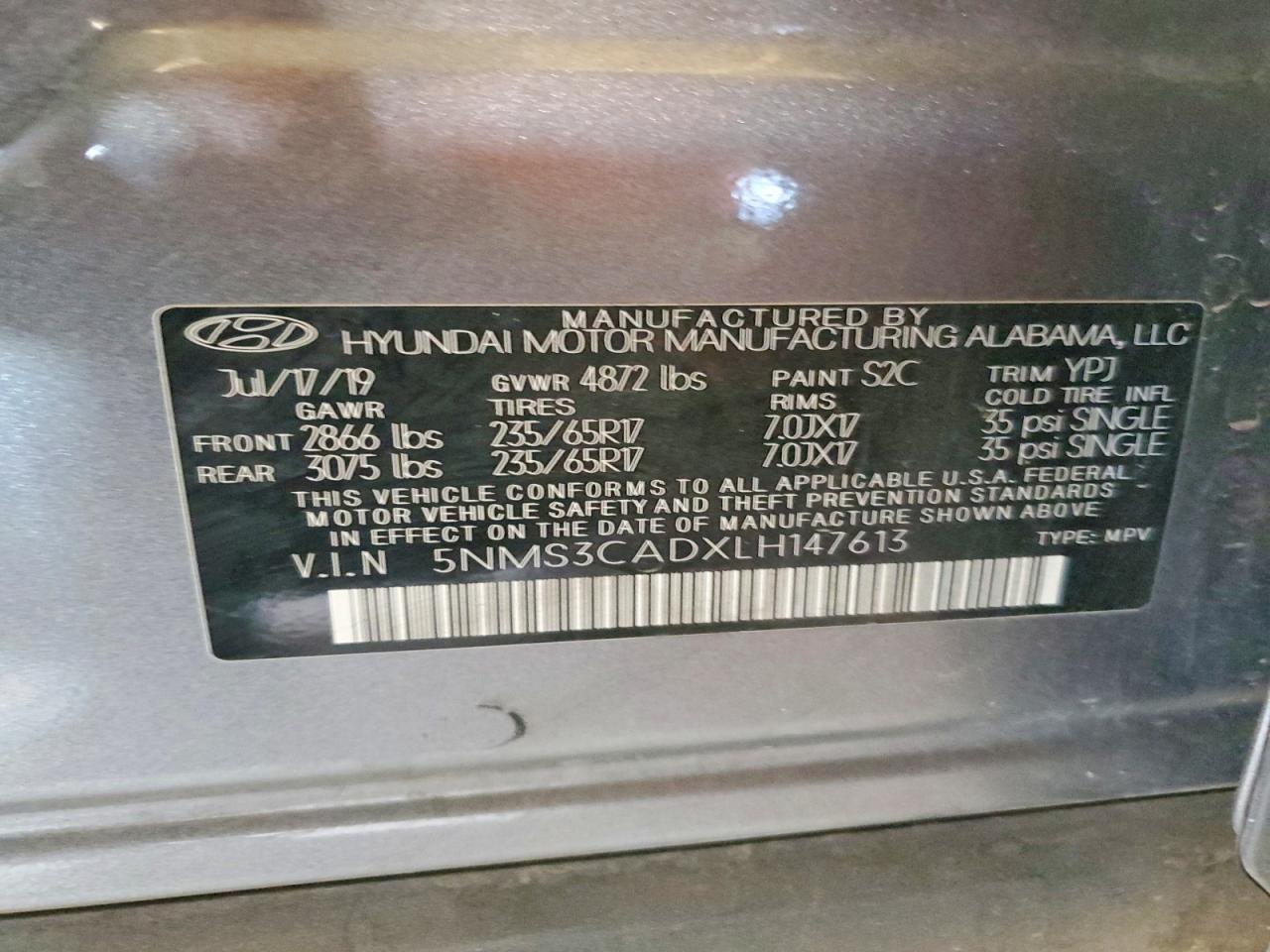 2020 Hyundai Santa Fe Sel Gray vin: 5NMS3CADXLH147613