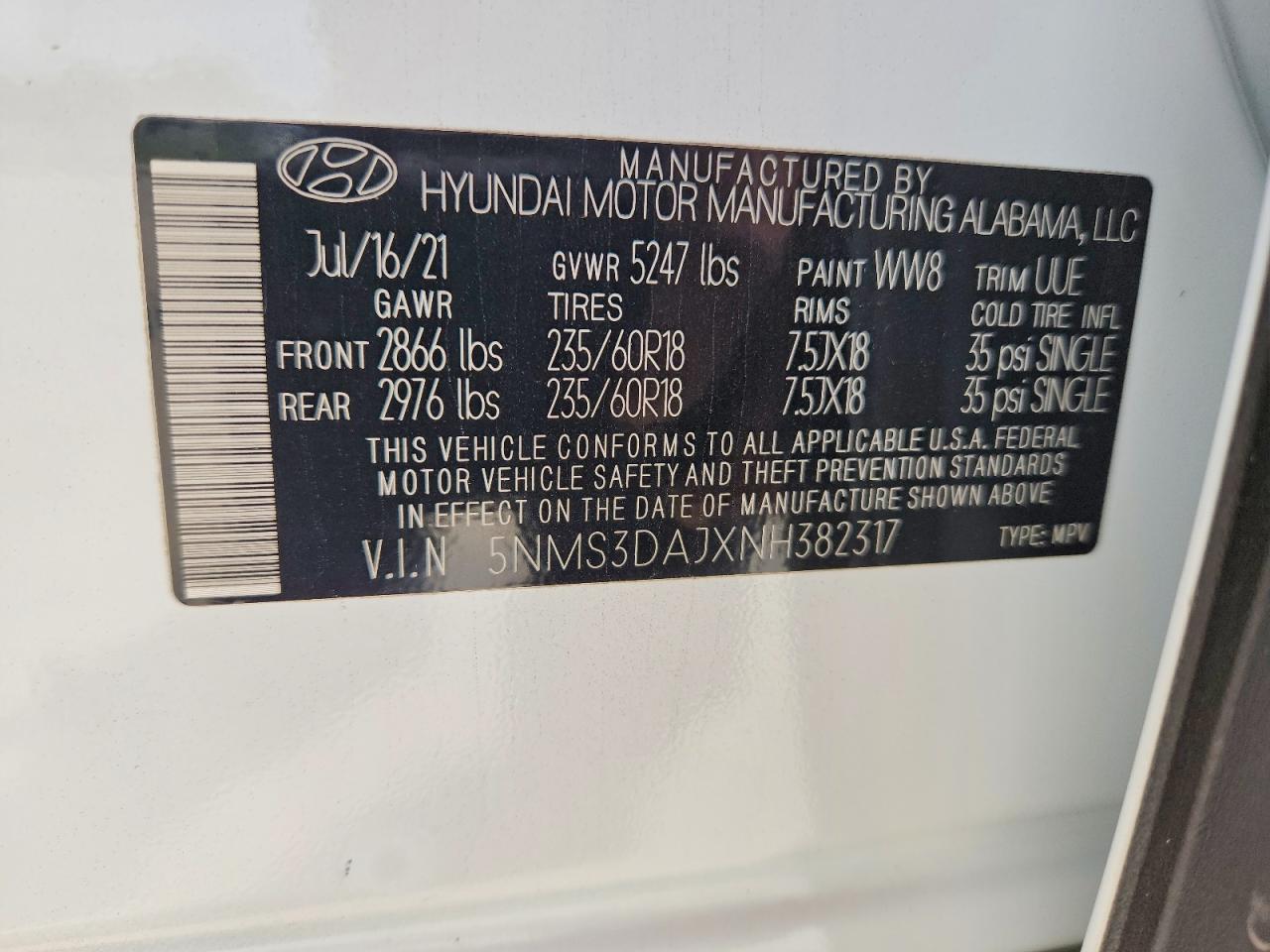 2022 Hyundai Santa Fe Sel White vin: 5NMS3DAJXNH382317