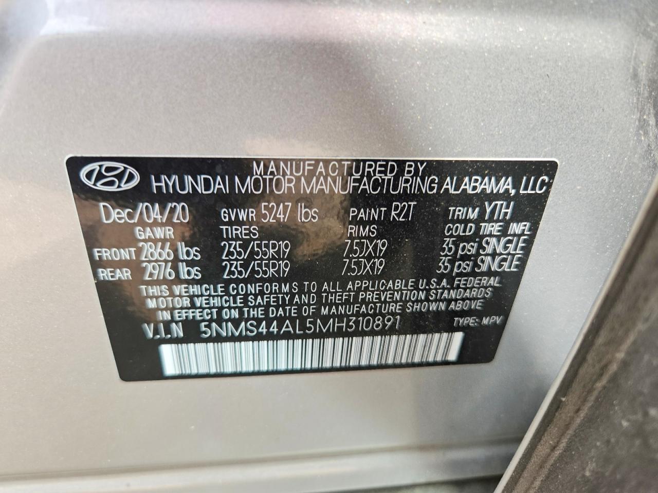 2021 Hyundai Santa Fe Limited Серебряный vin: 5NMS44AL5MH310891