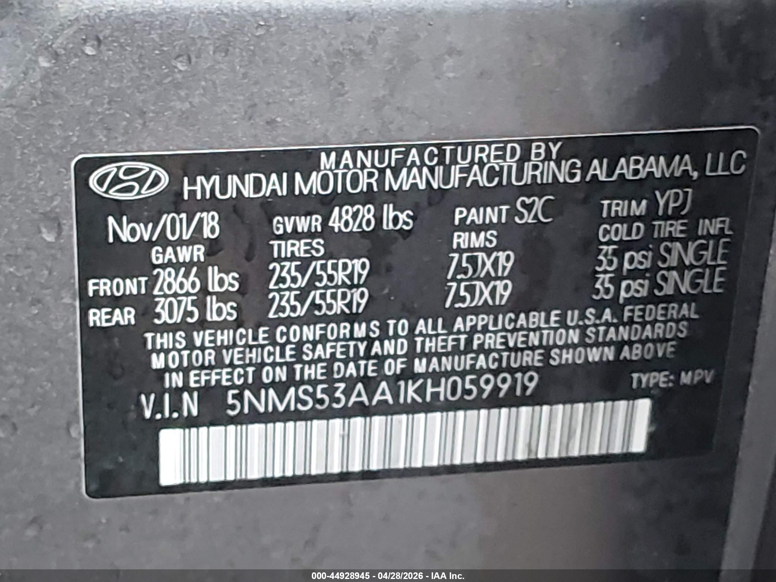 2019 Hyundai Santa Fe Ultimate 2.0t Gray vin: 5NMS53AA1KH059919