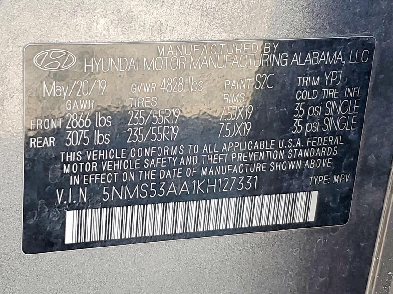 2019 Hyundai Santa Fe Charcoal vin: 5NMS53AA1KH127331