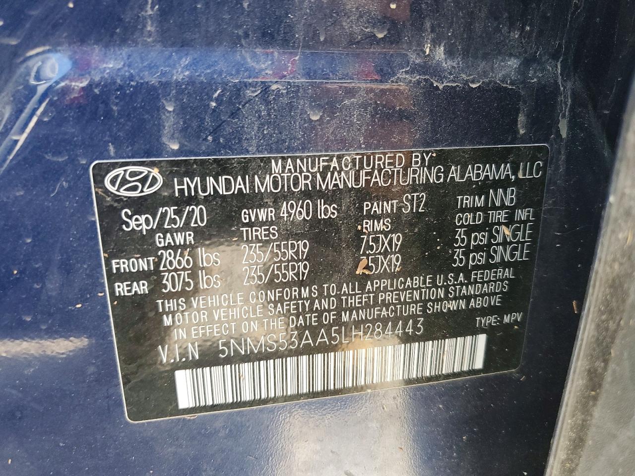 2020 Hyundai Santa Fe Limited 2.0t Blue vin: 5NMS53AA5LH284443