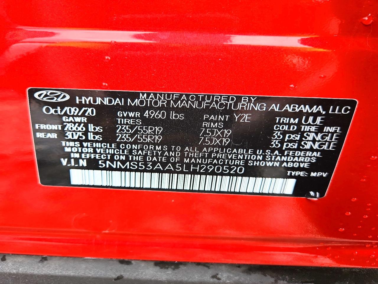 2020 Hyundai Santa Fe Limited 2.0t Красный vin: 5NMS53AA5LH290520