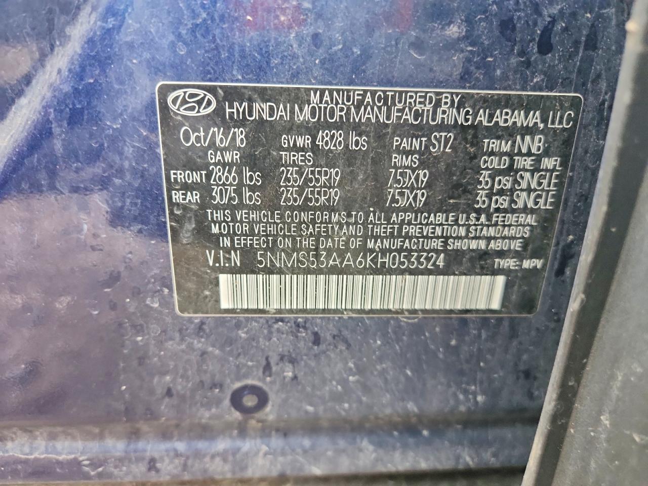 2019 Hyundai Santa Fe Ultimate 2.0t Blue vin: 5NMS53AA6KH053324