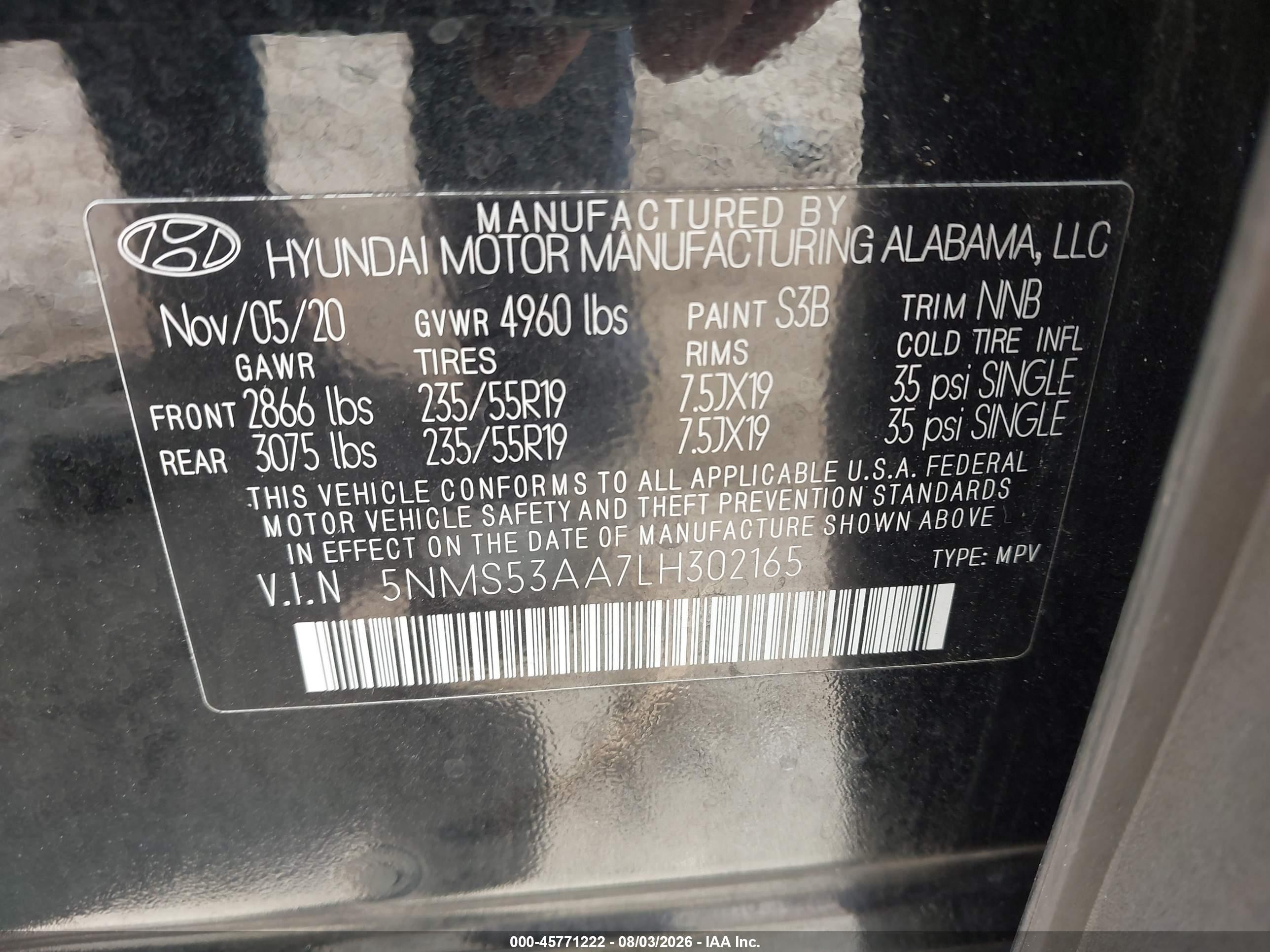 2020 Hyundai Santa Fe Limited 2.0t Black vin: 5NMS53AA7LH302165