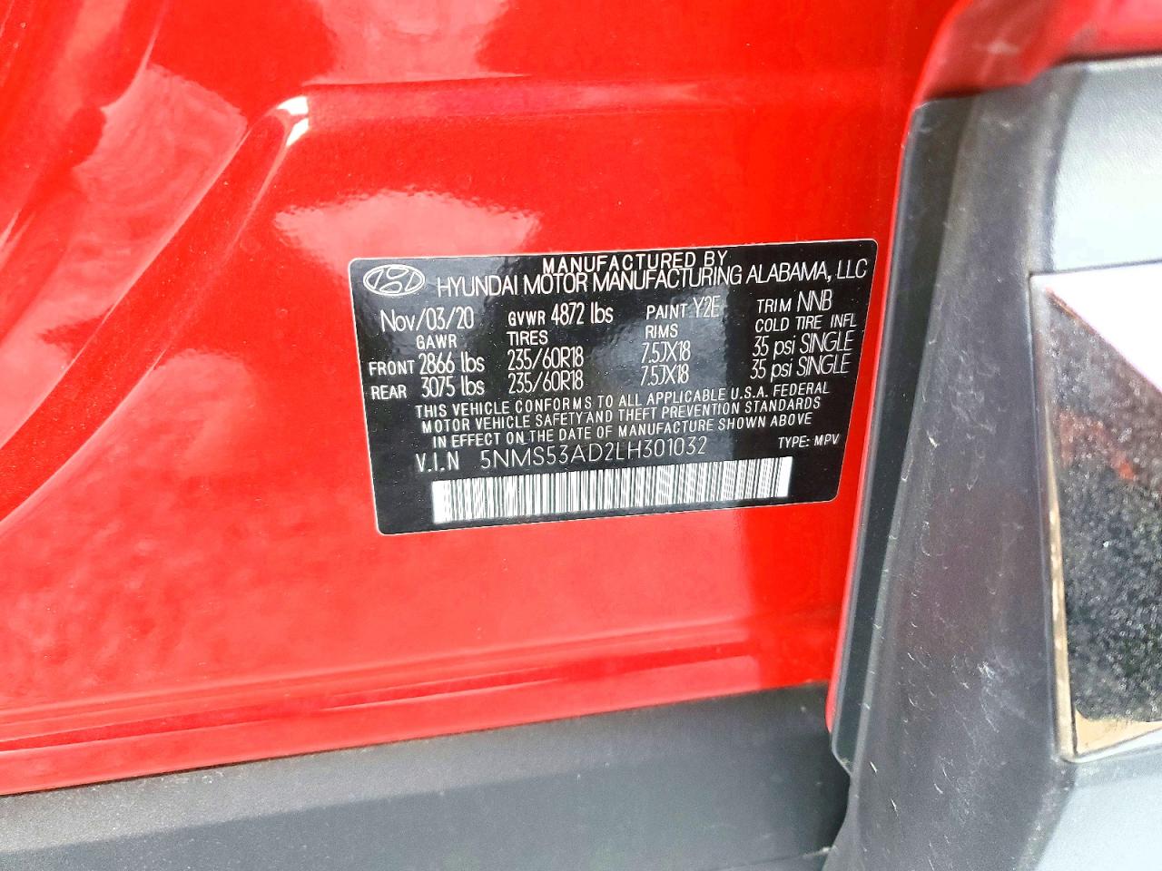 2020 Hyundai Santa Fe Limited Red vin: 5NMS53AD2LH301032