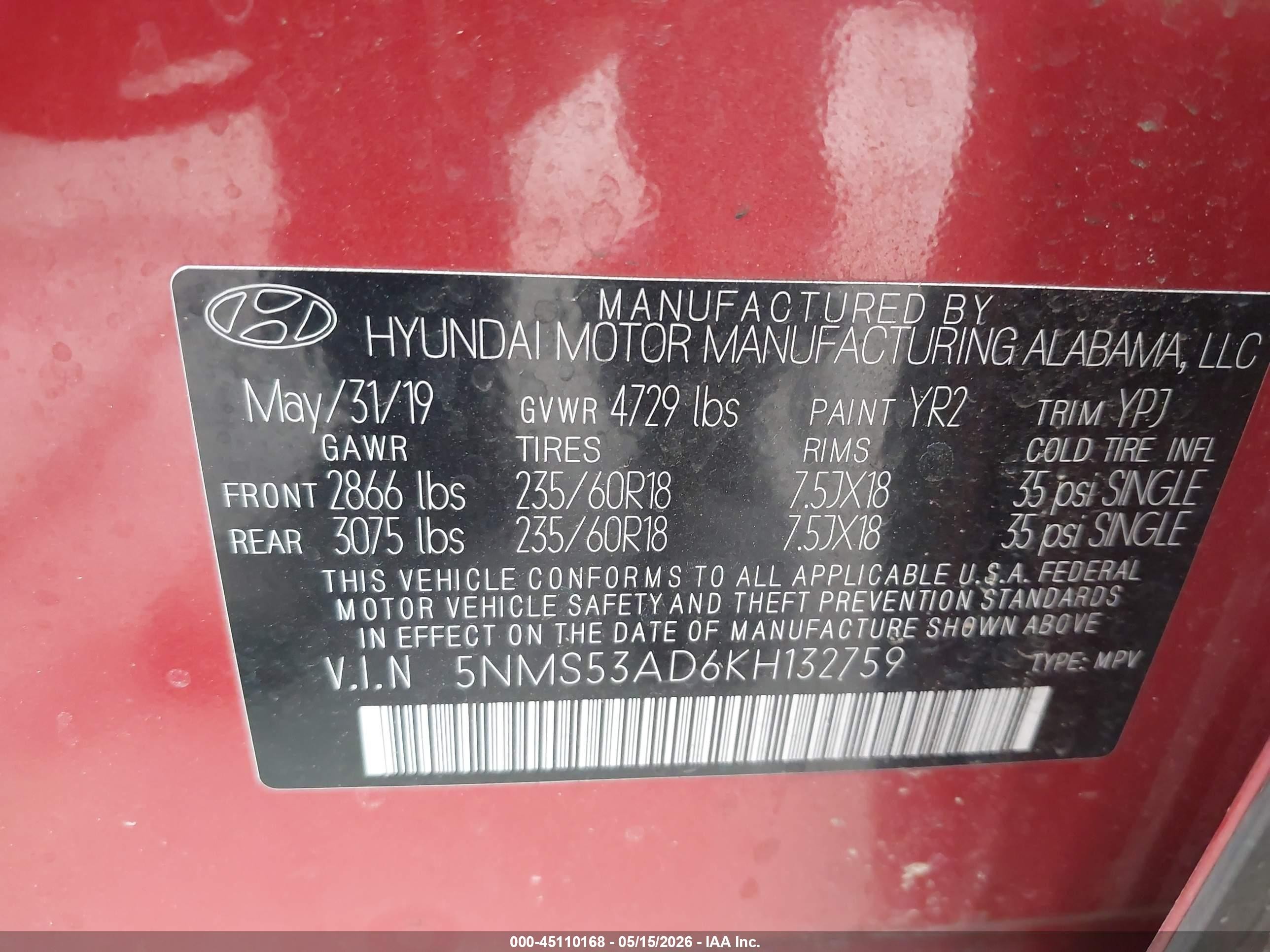 2019 Hyundai Santa Fe Limited Orange vin: 5NMS53AD6KH132759