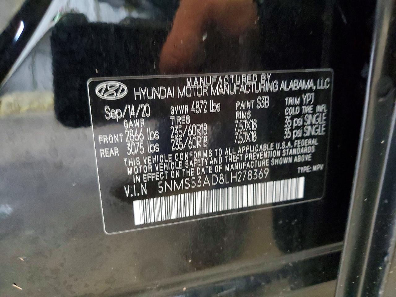 2020 Hyundai Santa Fe Limited Черный vin: 5NMS53AD8LH278369