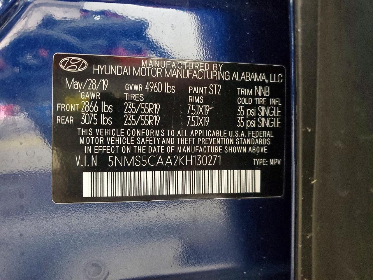 2019 Hyundai Santa Fe Ultimate 2.0t Синий vin: 5NMS5CAA2KH130271