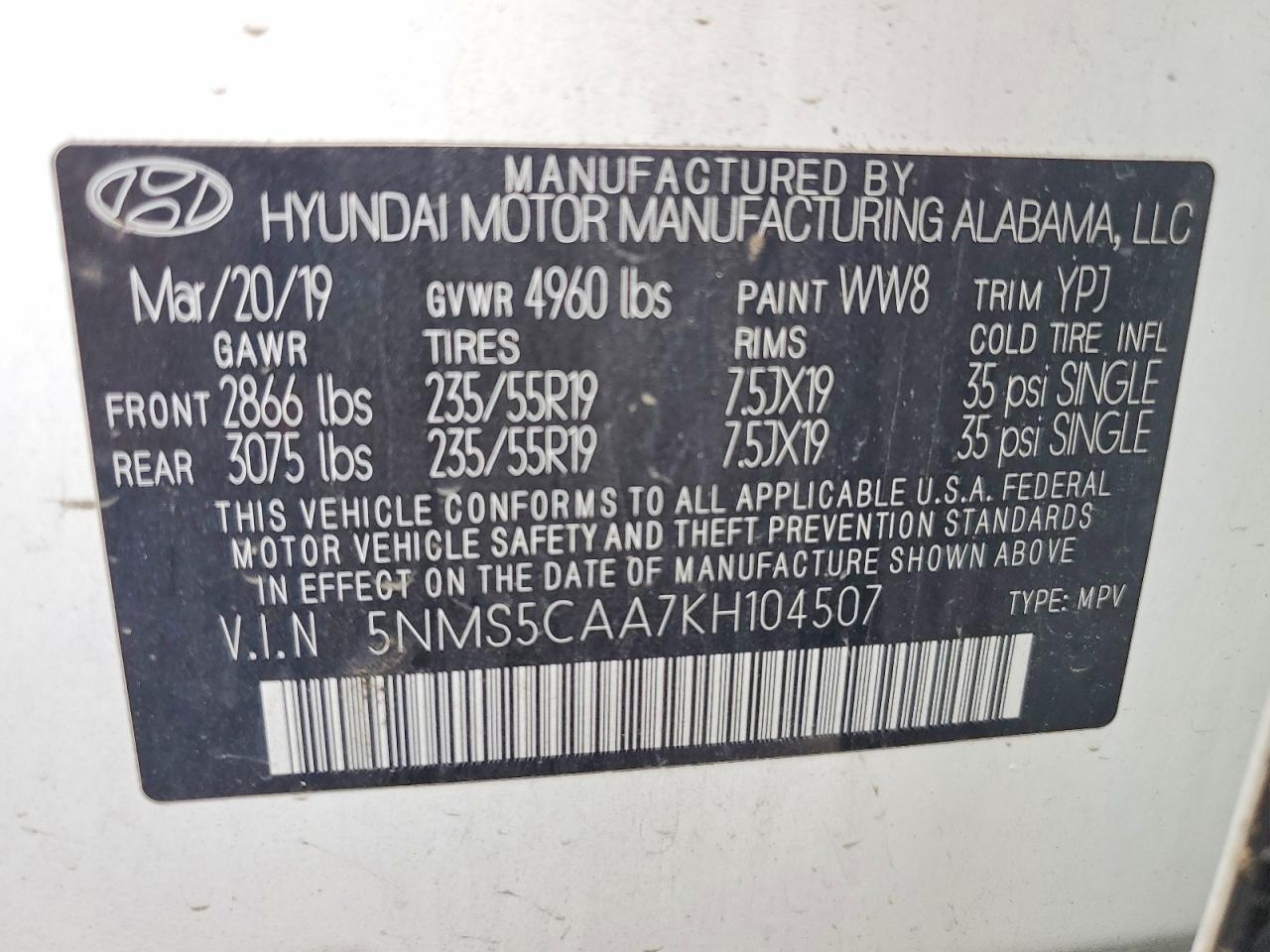 2019 Hyundai Santa Fe Limited 2.0t Белый vin: 5NMS5CAA7KH104507