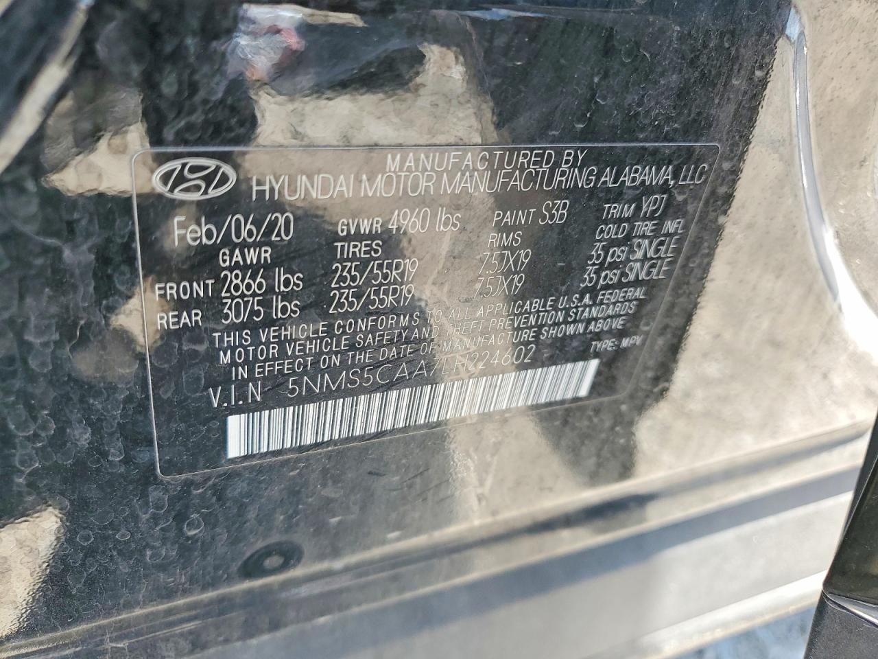 2020 Hyundai Santa Fe Limited 2.0t Black vin: 5NMS5CAA7LH224602