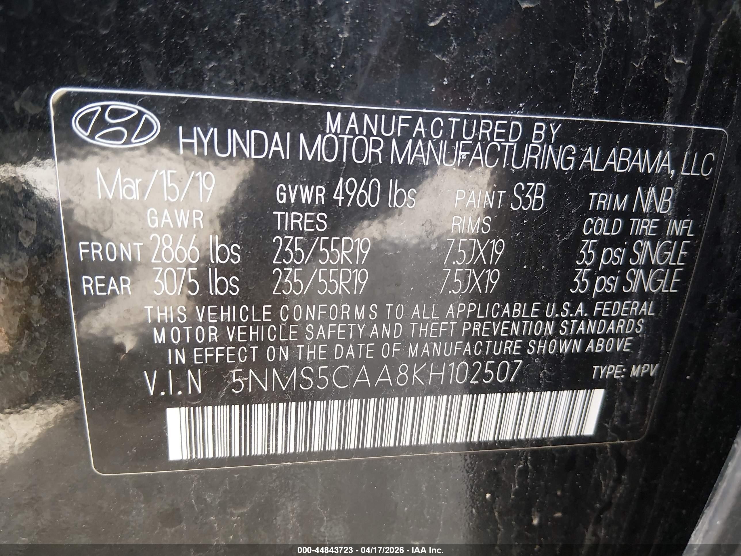 2019 Hyundai Santa Fe Limited 2.0t Black vin: 5NMS5CAA8KH102507