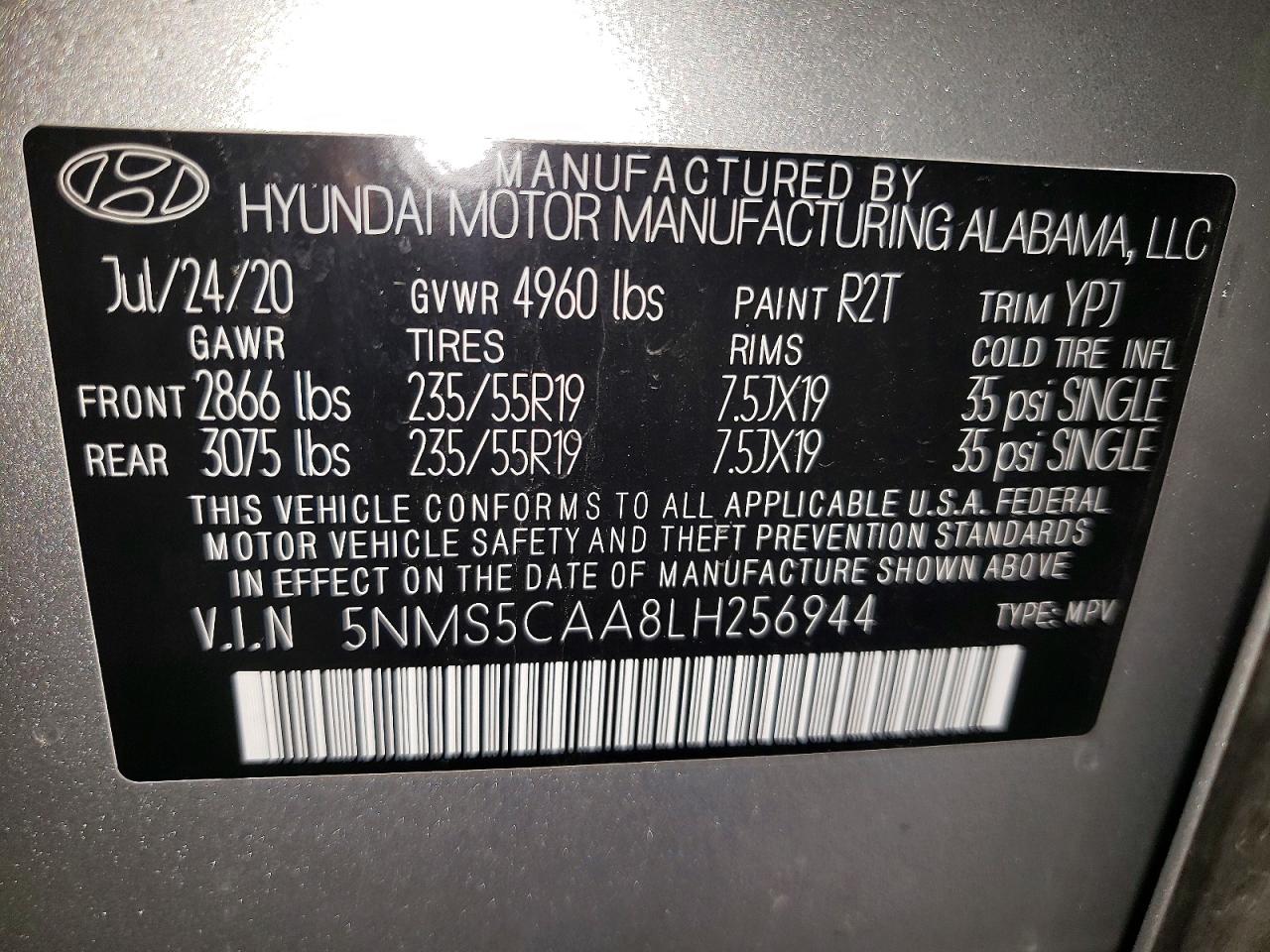 2020 Hyundai Santa Fe Limited 2.0t Silver vin: 5NMS5CAA8LH256944