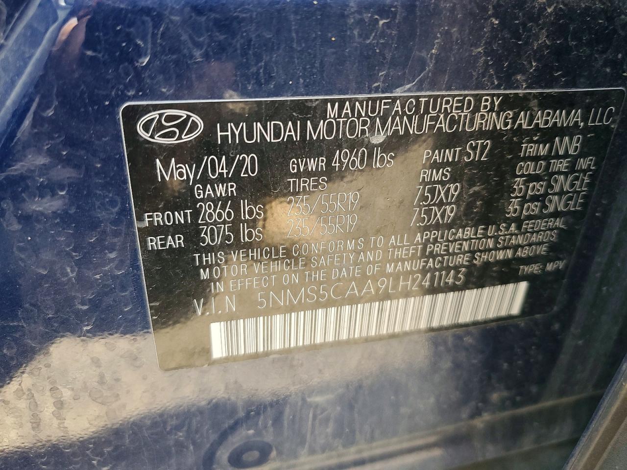 2020 Hyundai Santa Fe Limited 2.0t Blue vin: 5NMS5CAA9LH241143
