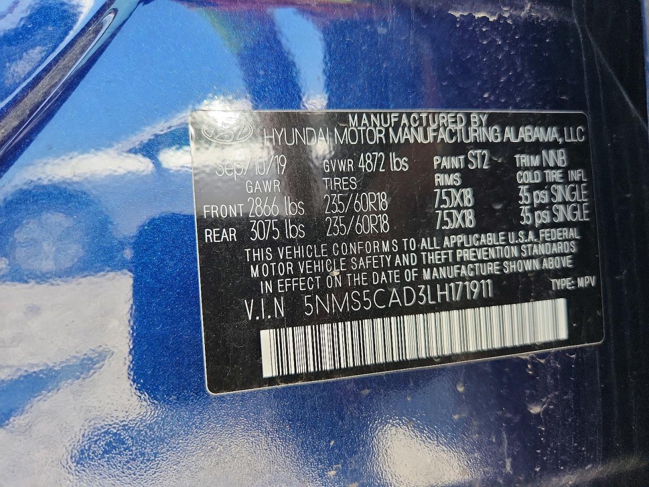 2020 Hyundai Santa Fe Limited Blue vin: 5NMS5CAD3LH171911