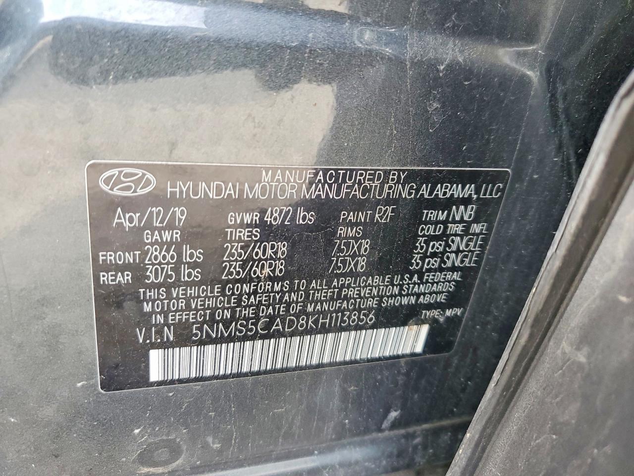 2019 Hyundai Santa Fe Ultimate 2.4l Charcoal vin: 5NMS5CAD8KH113856