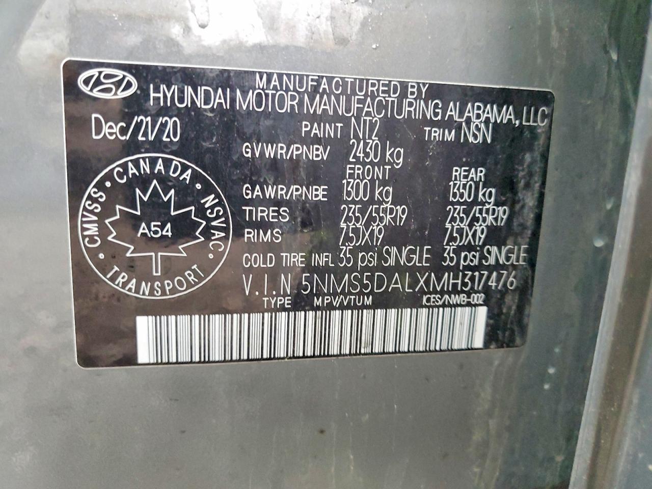 2021 Hyundai Santa Fe Calligraphy Gray vin: 5NMS5DALXMH317476