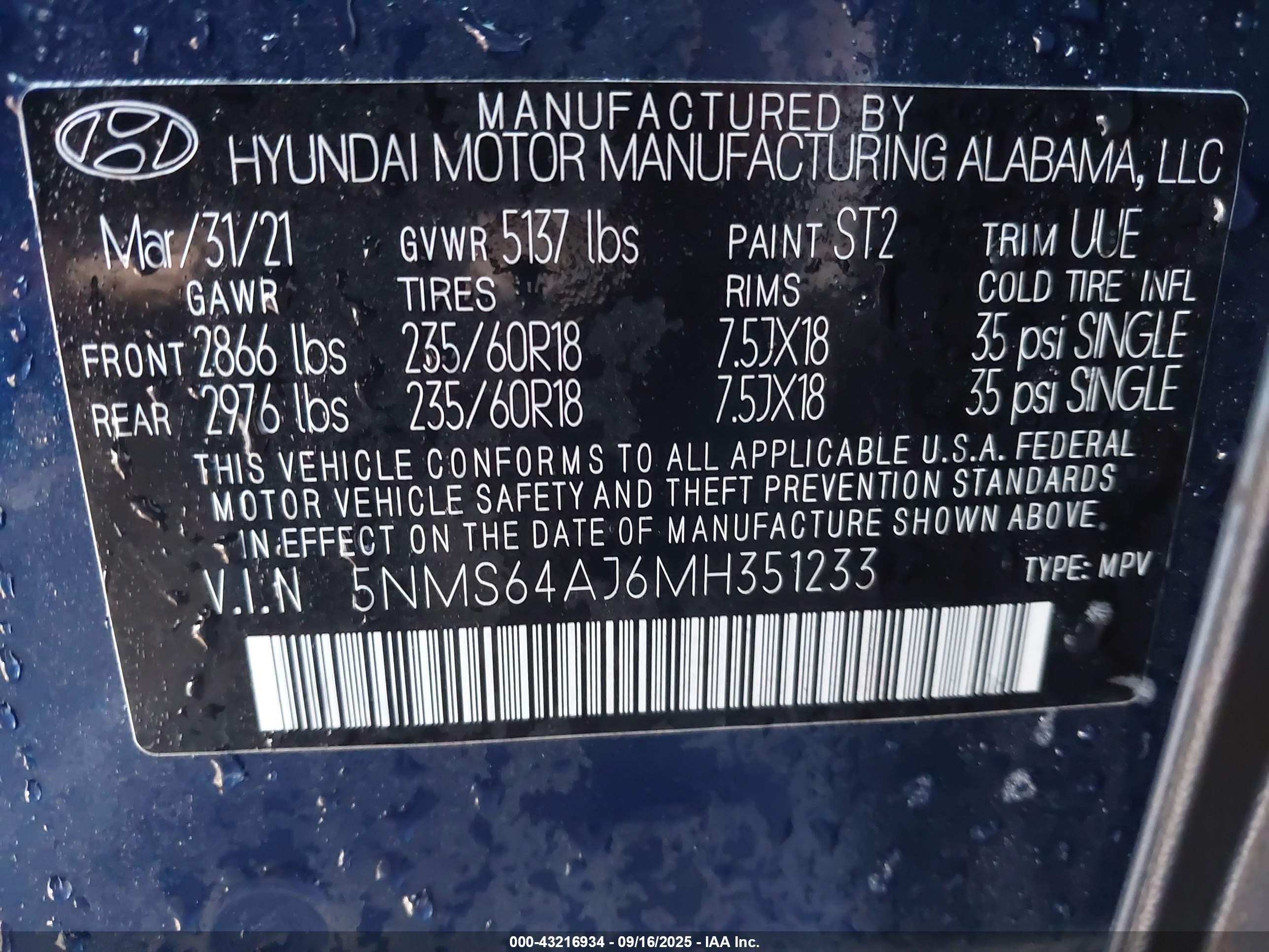 2021 Hyundai Santa Fe Sel Dark Blue vin: 5NMS64AJ6MH351233