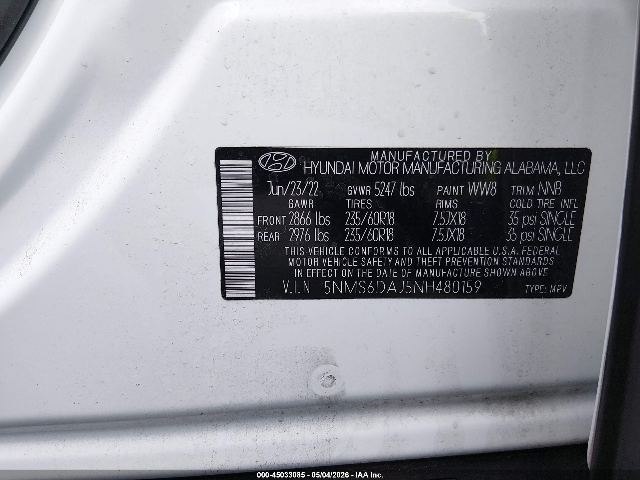 2022 Hyundai Santa Fe Xrt White vin: 5NMS6DAJ5NH480159