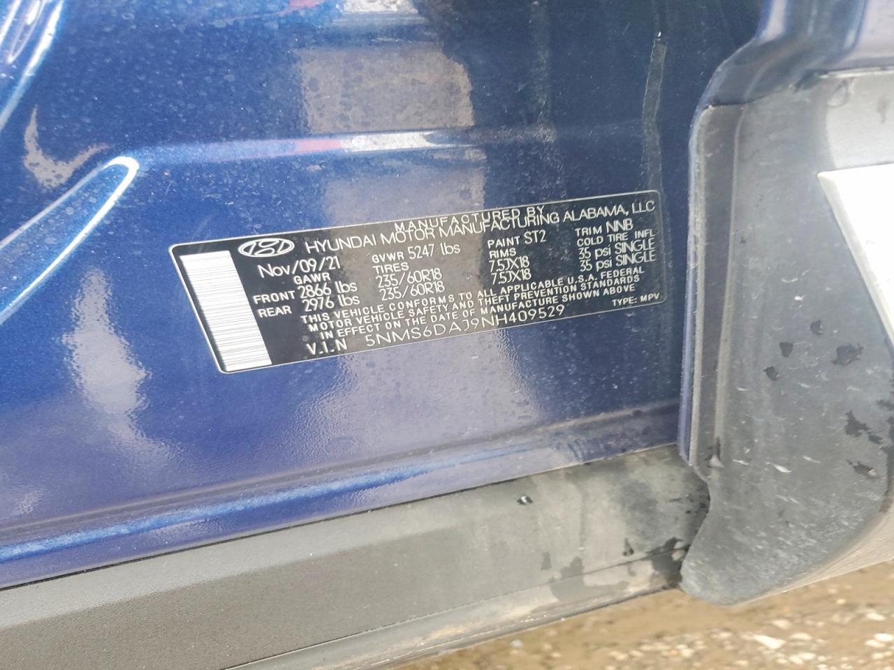 2022 Hyundai Santa Fe Sel Blue vin: 5NMS6DAJ9NH409529