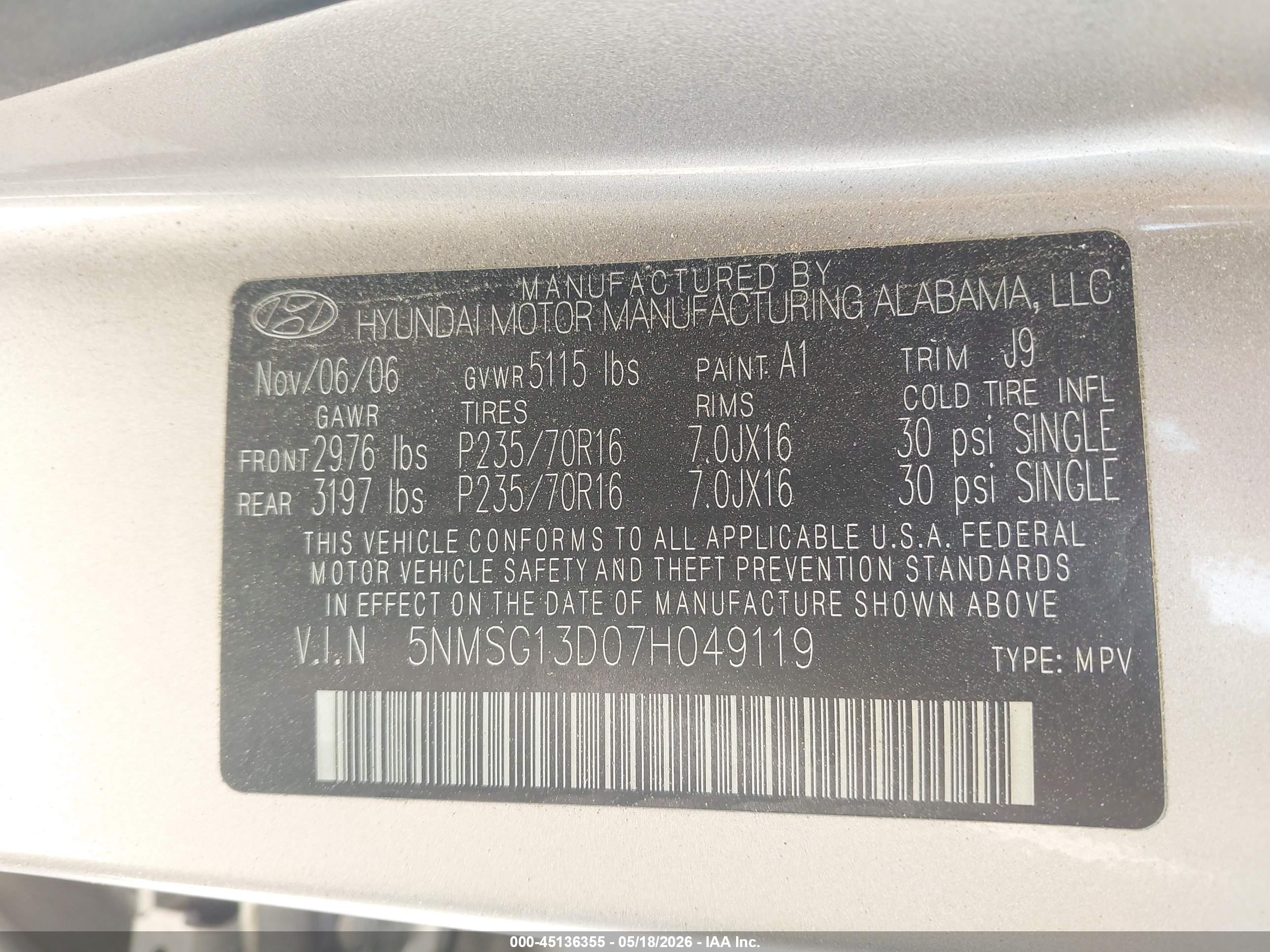2007 Hyundai Santa Fe Gls Silver vin: 5NMSG13D07H049119