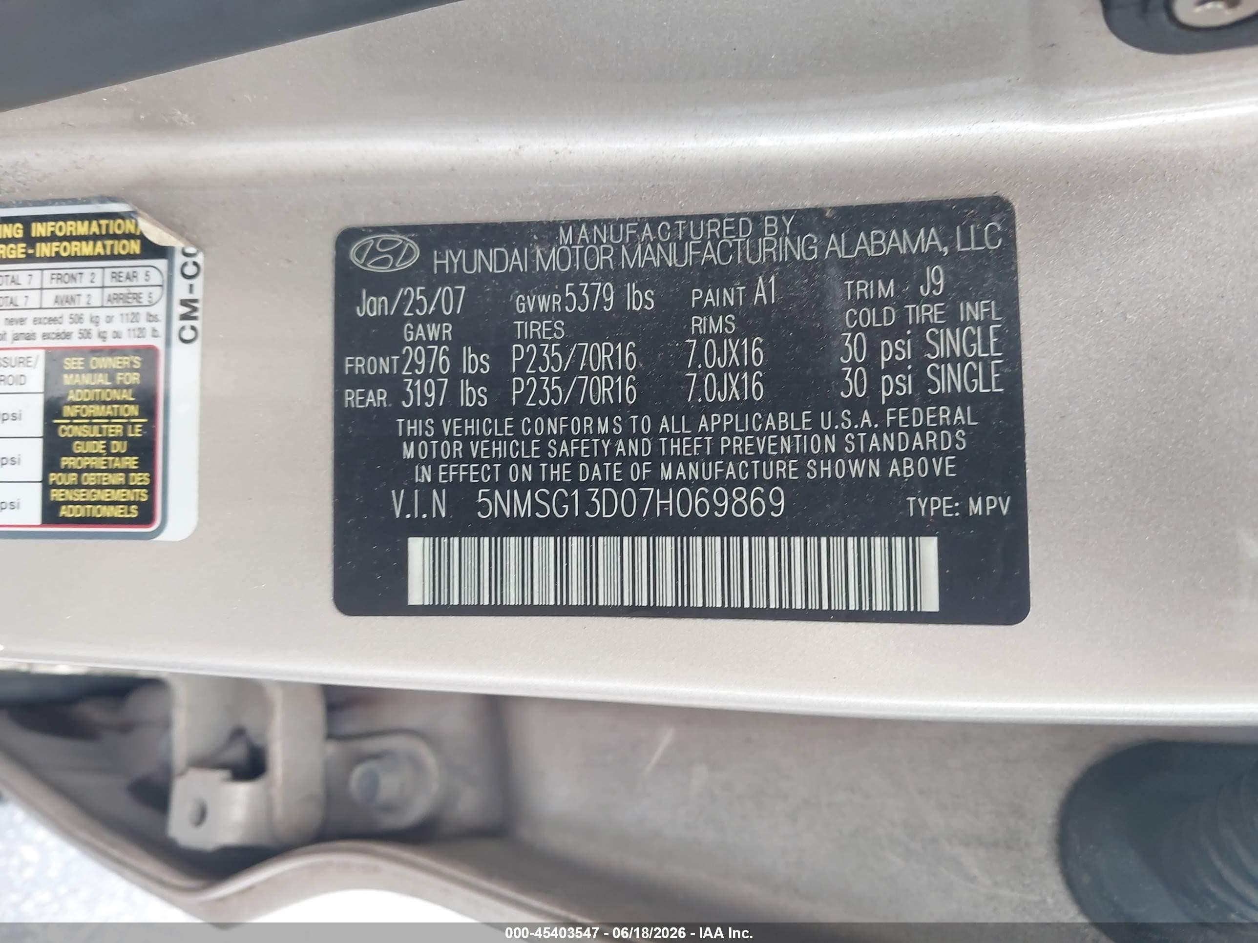2007 Hyundai Santa Fe Gls Silver vin: 5NMSG13D07H069869