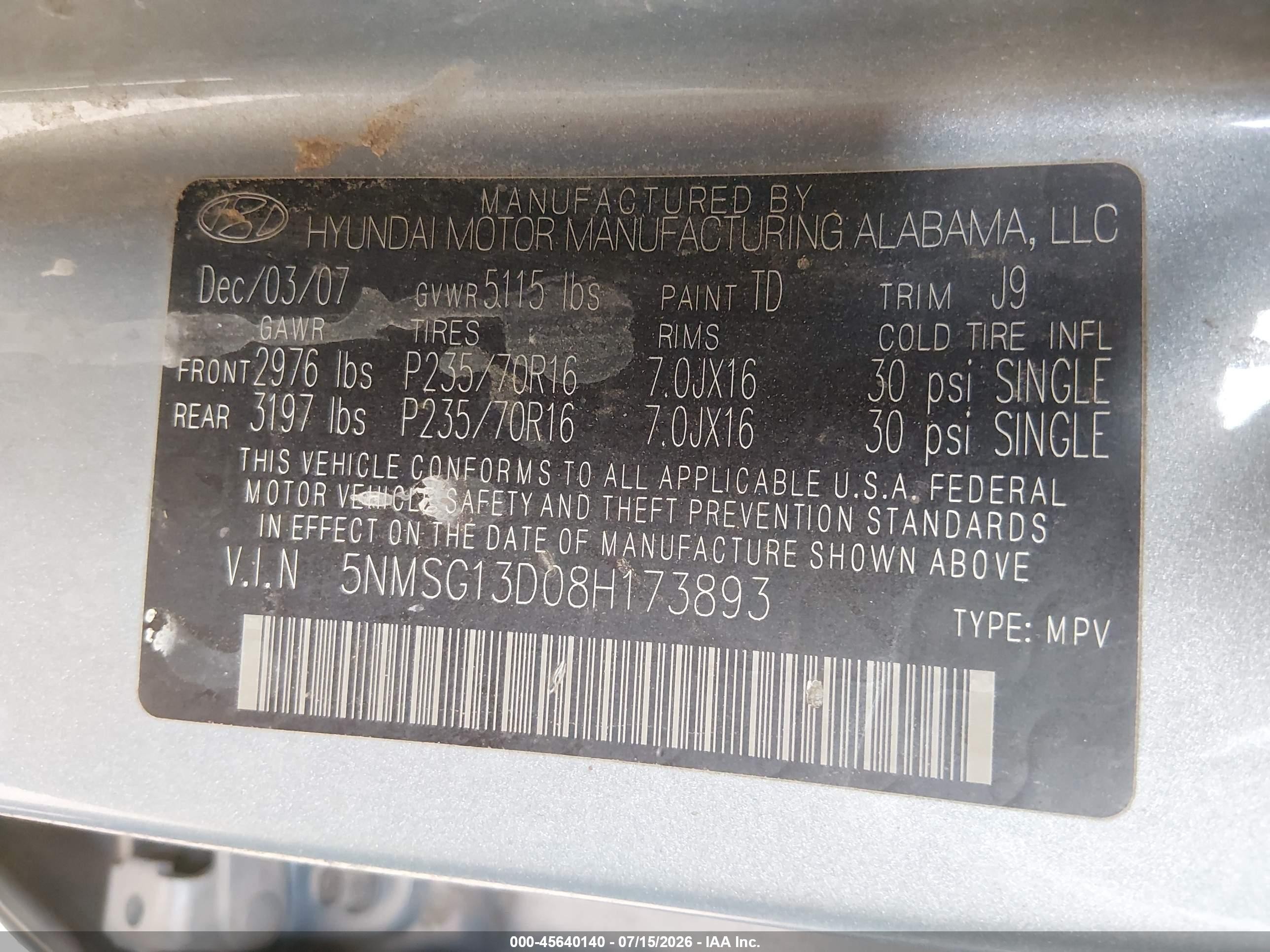 2008 Hyundai Santa Fe Gls Gray vin: 5NMSG13D08H173893