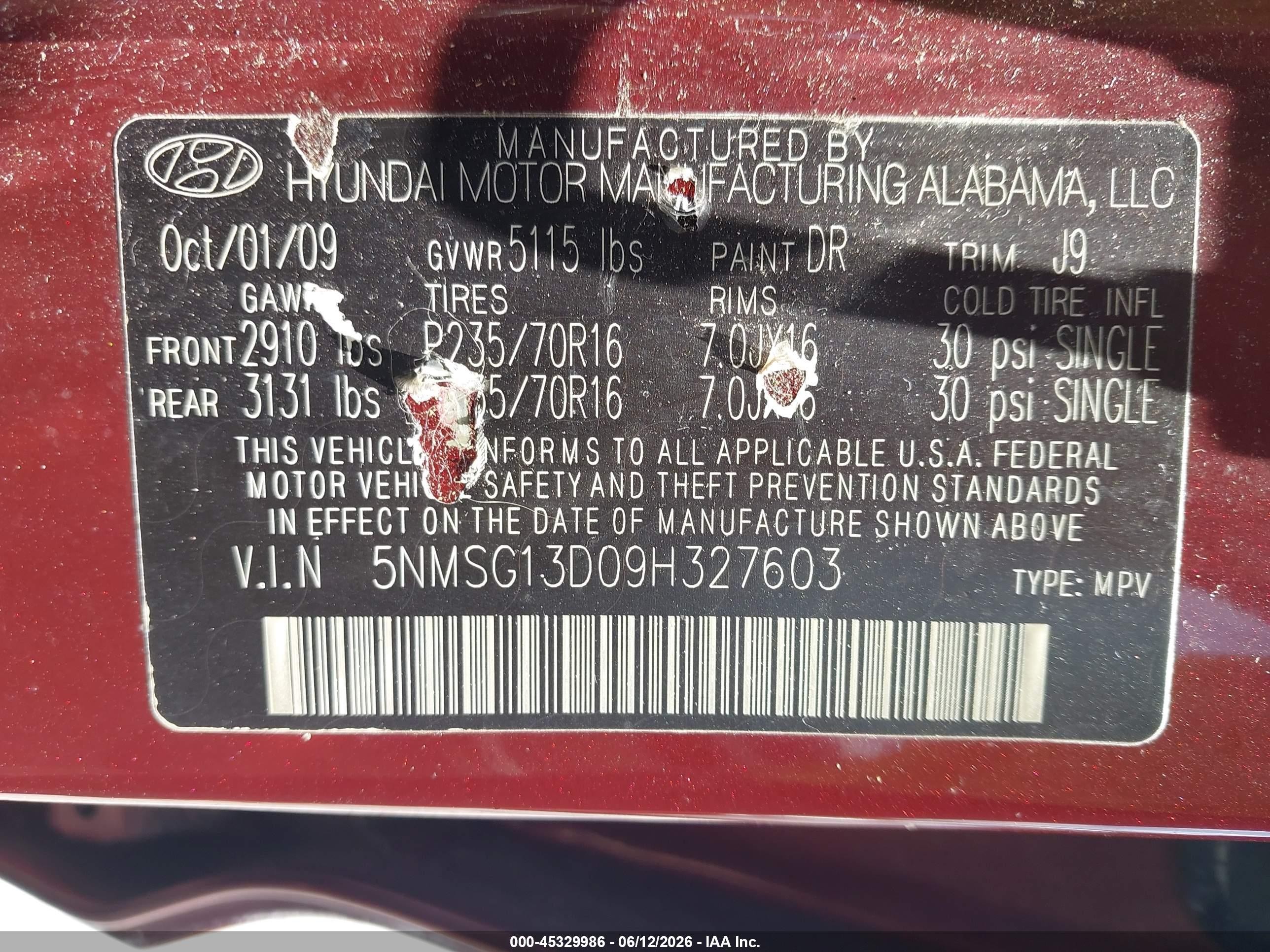 2009 Hyundai Santa Fe Gls Бордовый vin: 5NMSG13D09H327603