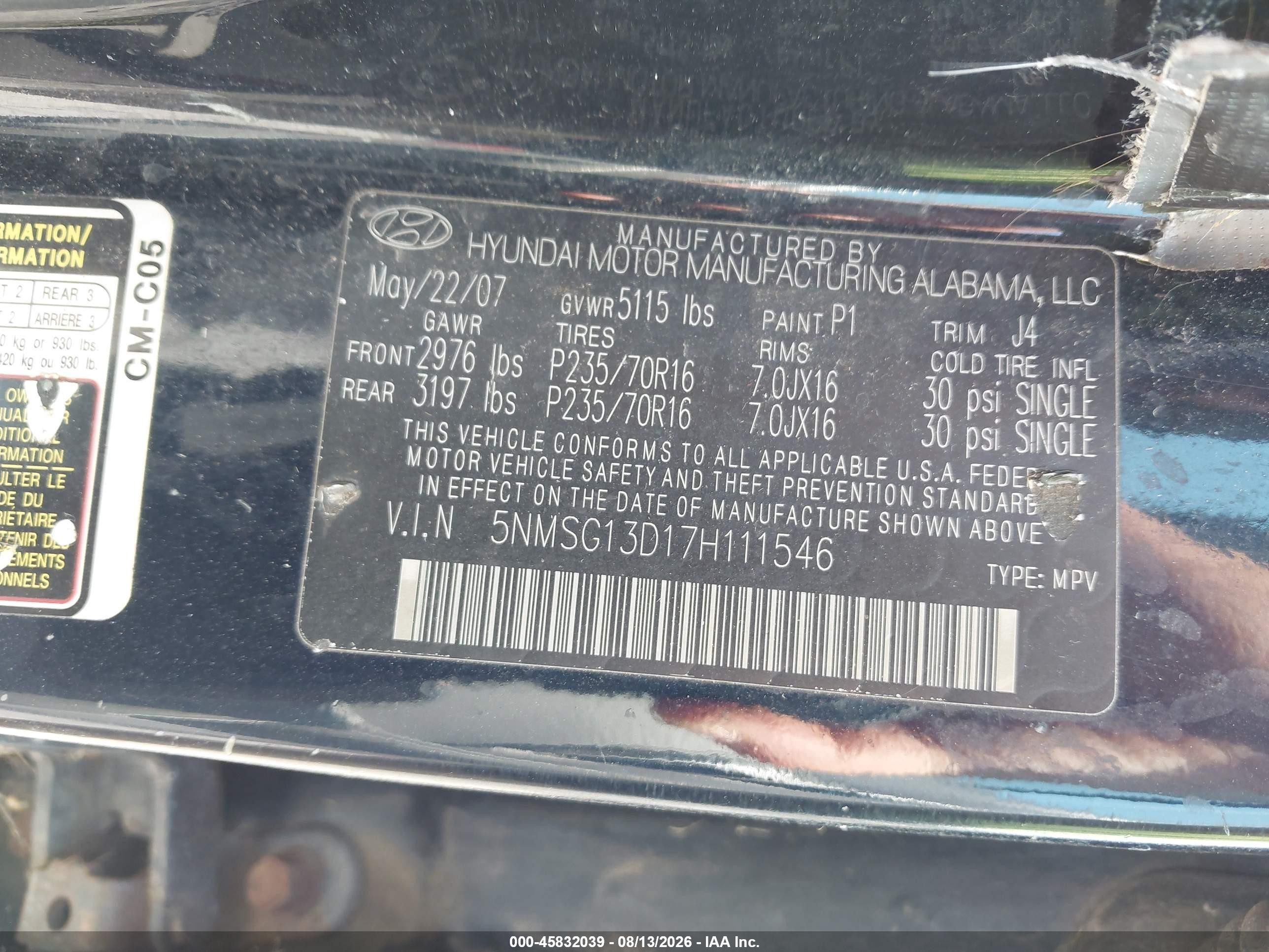 2007 Hyundai Santa Fe Gls Dark Blue vin: 5NMSG13D17H111546