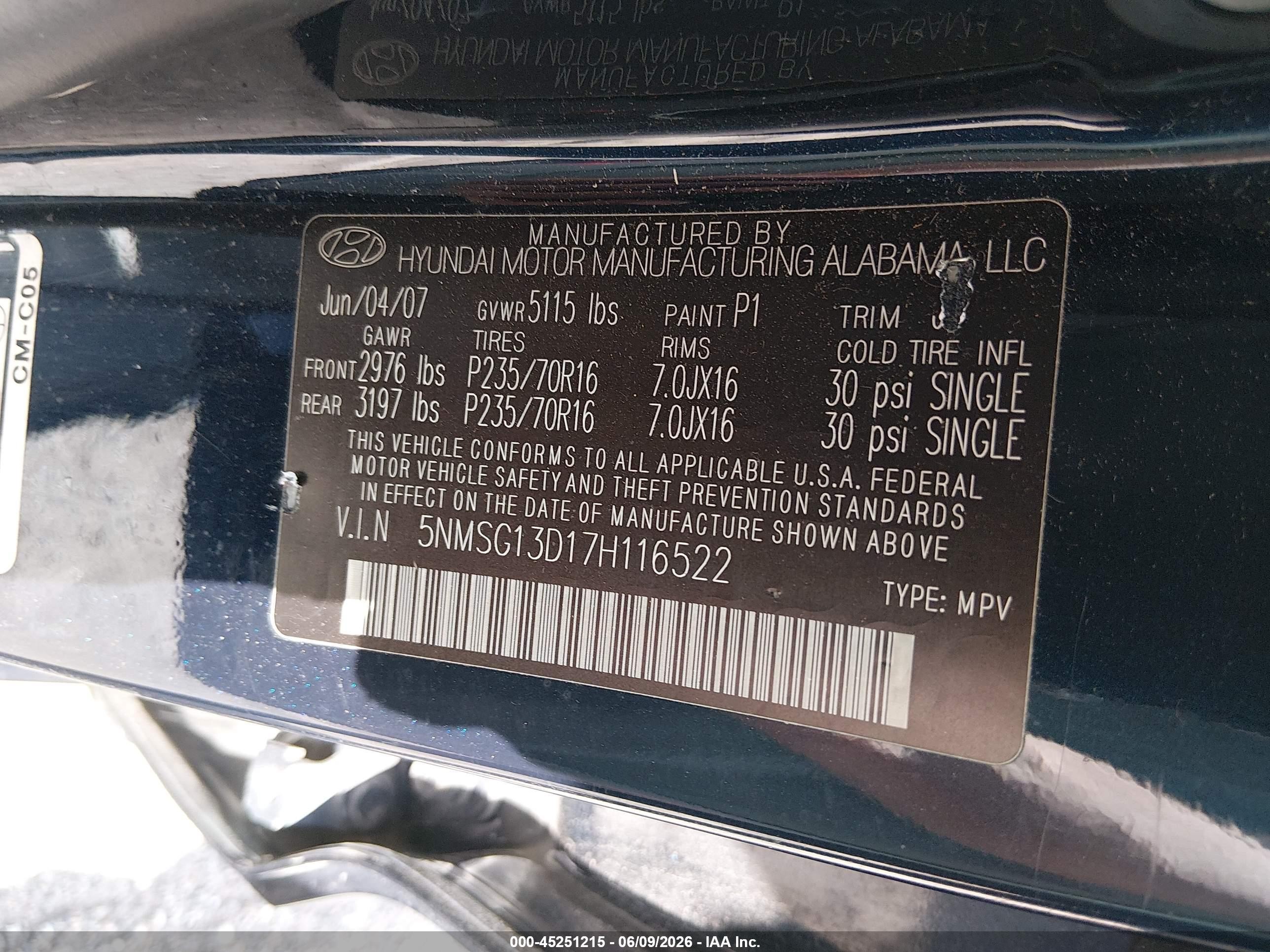2007 Hyundai Santa Fe Gls Dark Blue vin: 5NMSG13D17H116522