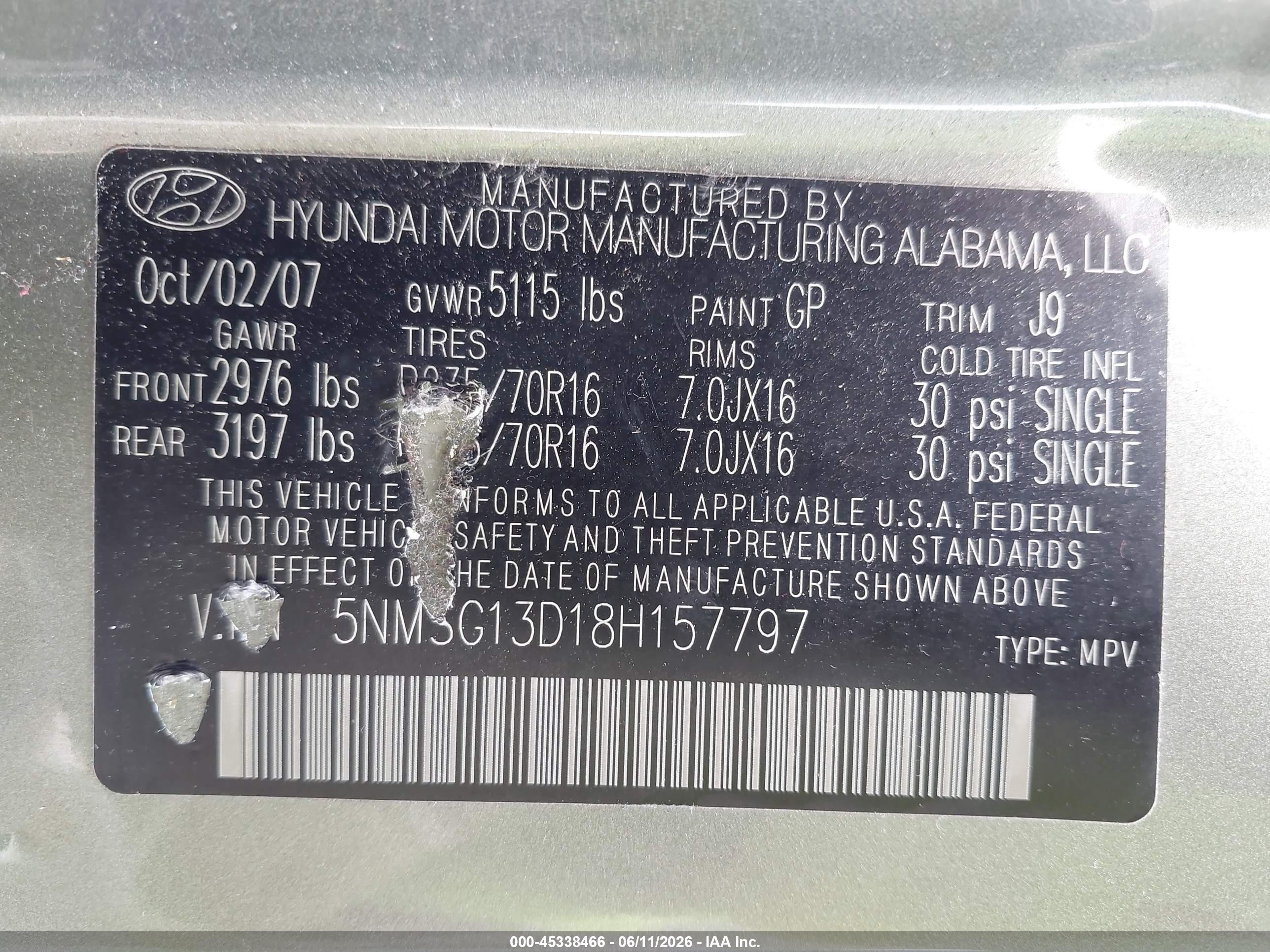 2008 Hyundai Santa Fe Gls Green vin: 5NMSG13D18H157797