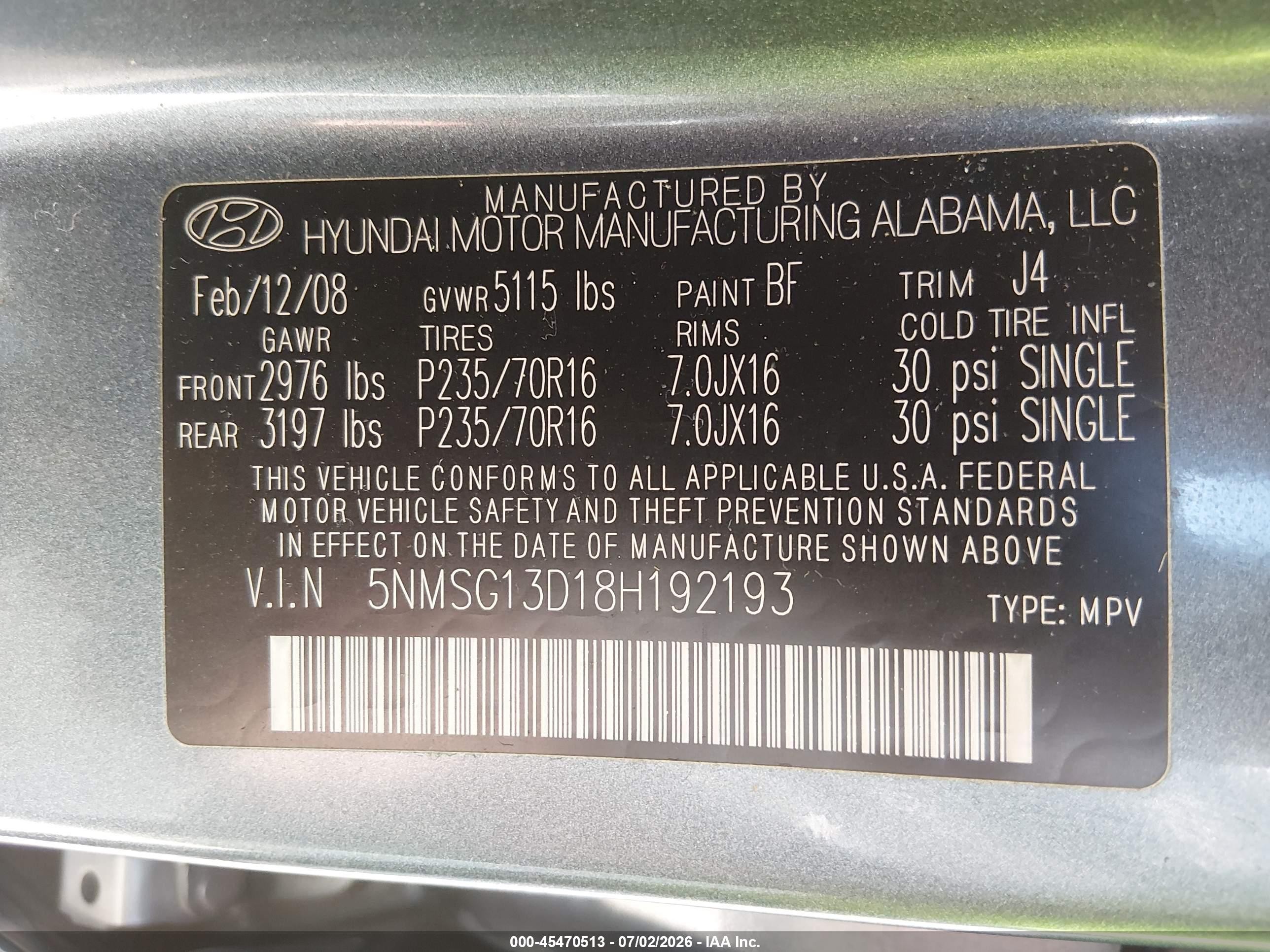 2008 Hyundai Santa Fe Gls Blue vin: 5NMSG13D18H192193