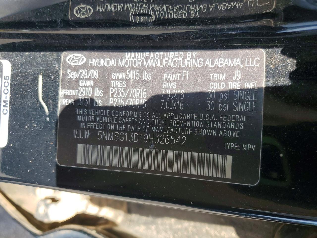 2009 Hyundai Santa Fe Gls Black vin: 5NMSG13D19H326542