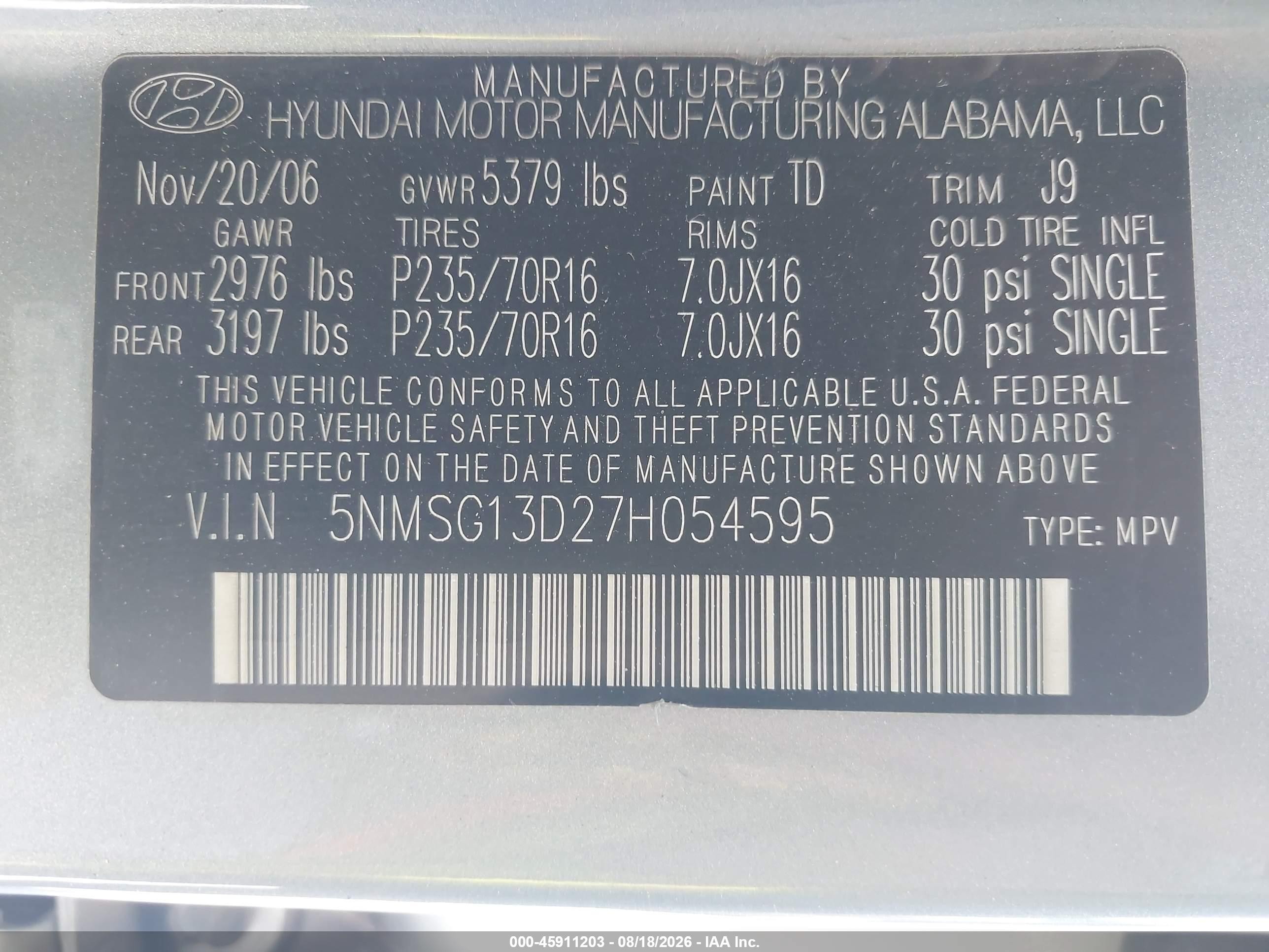 2007 Hyundai Santa Fe Gls Light Blue vin: 5NMSG13D27H054595