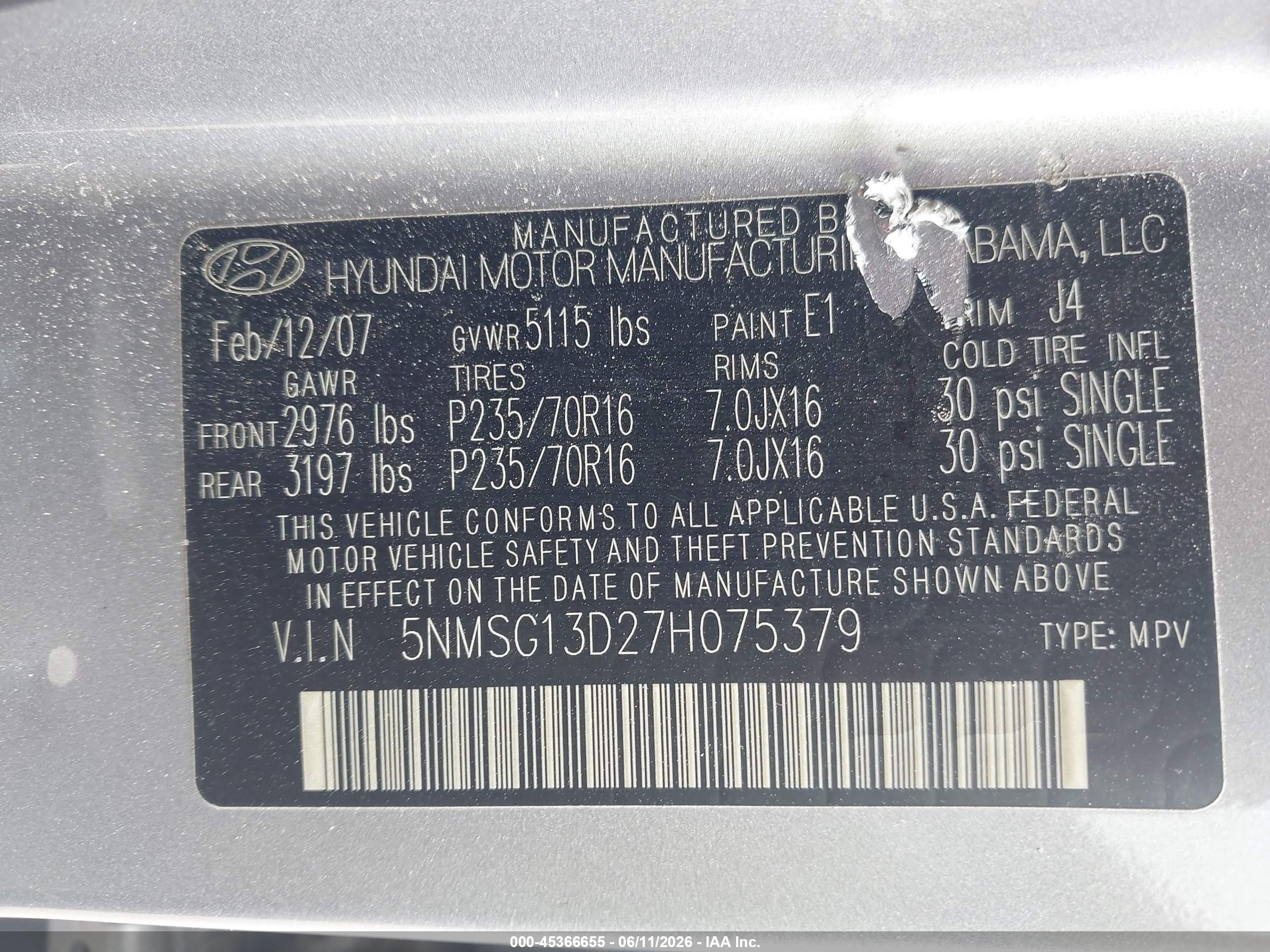 2007 Hyundai Santa Fe Gls Gray vin: 5NMSG13D27H075379