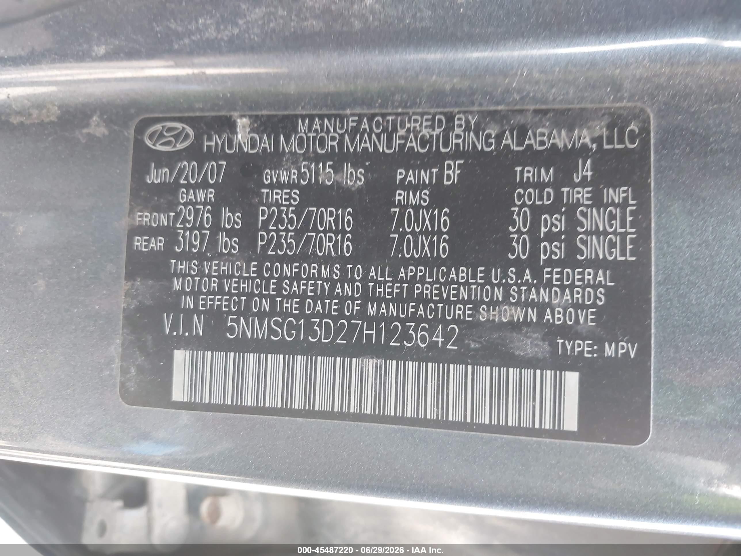 2007 Hyundai Santa Fe Gls Gray vin: 5NMSG13D27H123642
