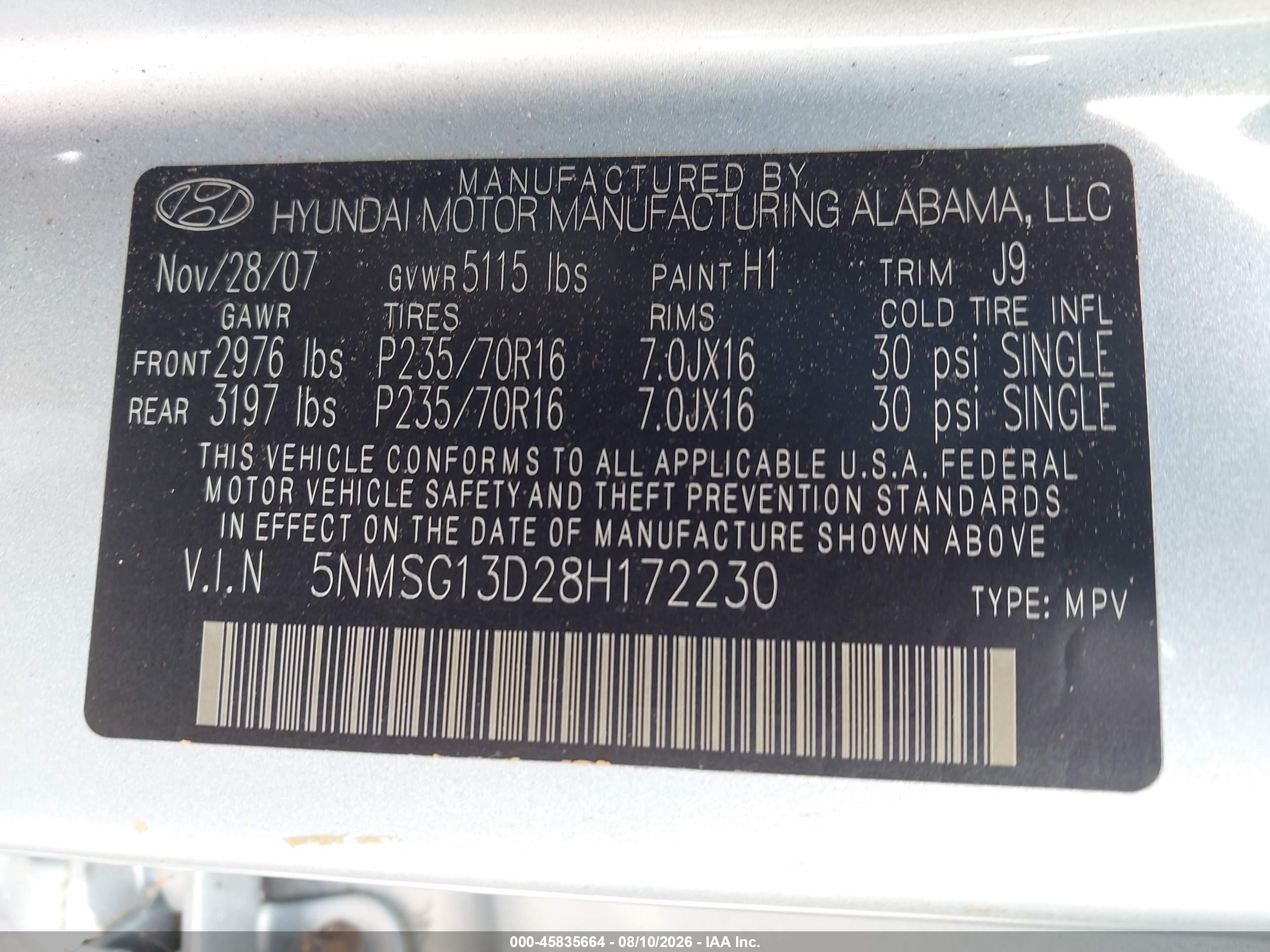 2008 Hyundai Santa Fe Gls Light Blue vin: 5NMSG13D28H172230