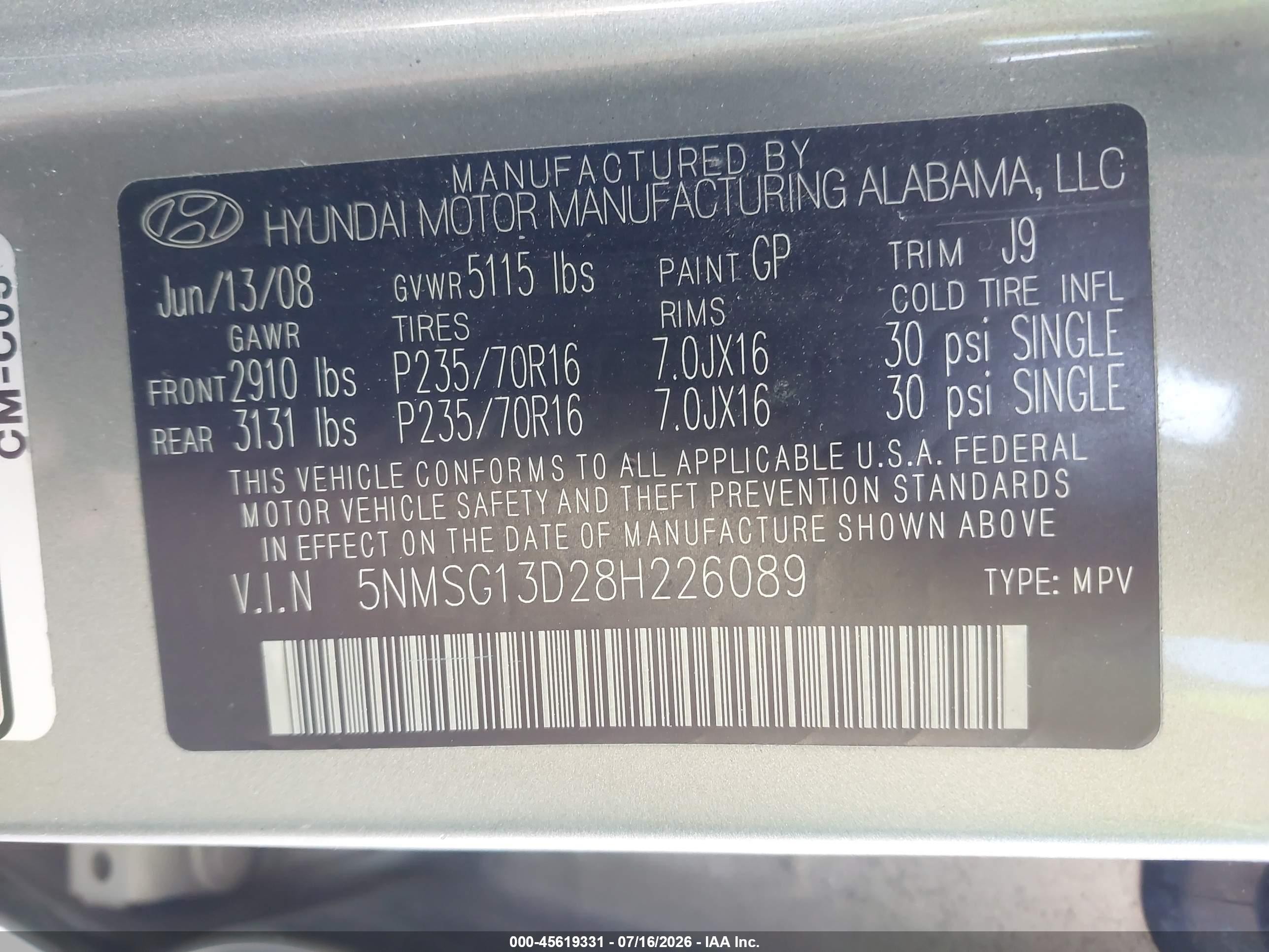 2008 Hyundai Santa Fe Gls Серый vin: 5NMSG13D28H226089