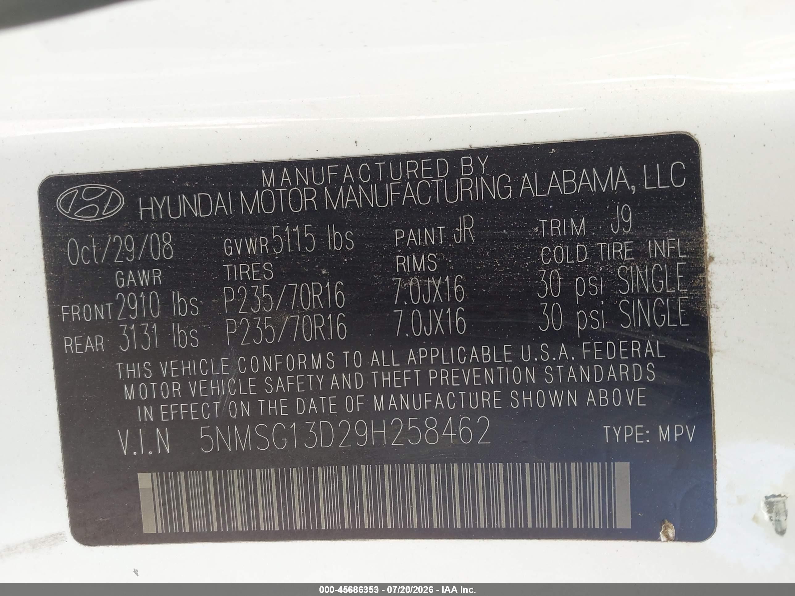 2009 Hyundai Santa Fe Gls White vin: 5NMSG13D29H258462