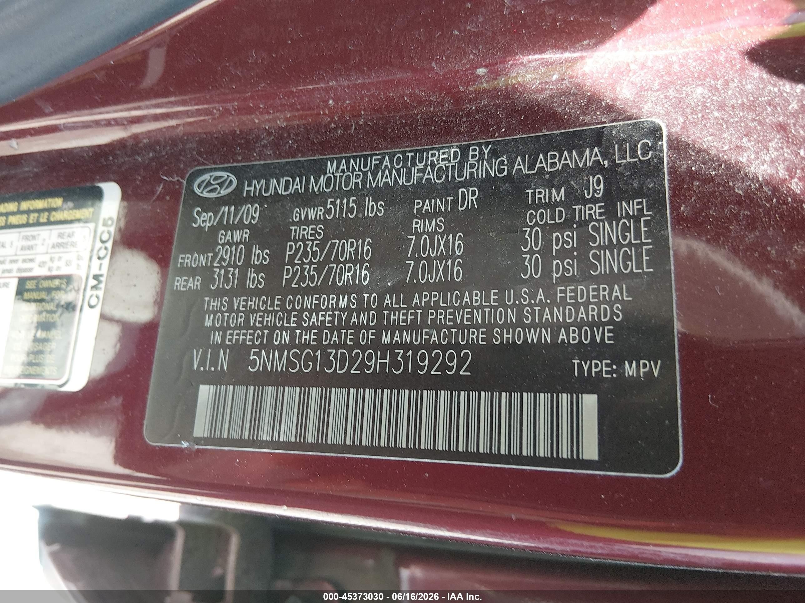 2009 Hyundai Santa Fe Gls Red vin: 5NMSG13D29H319292