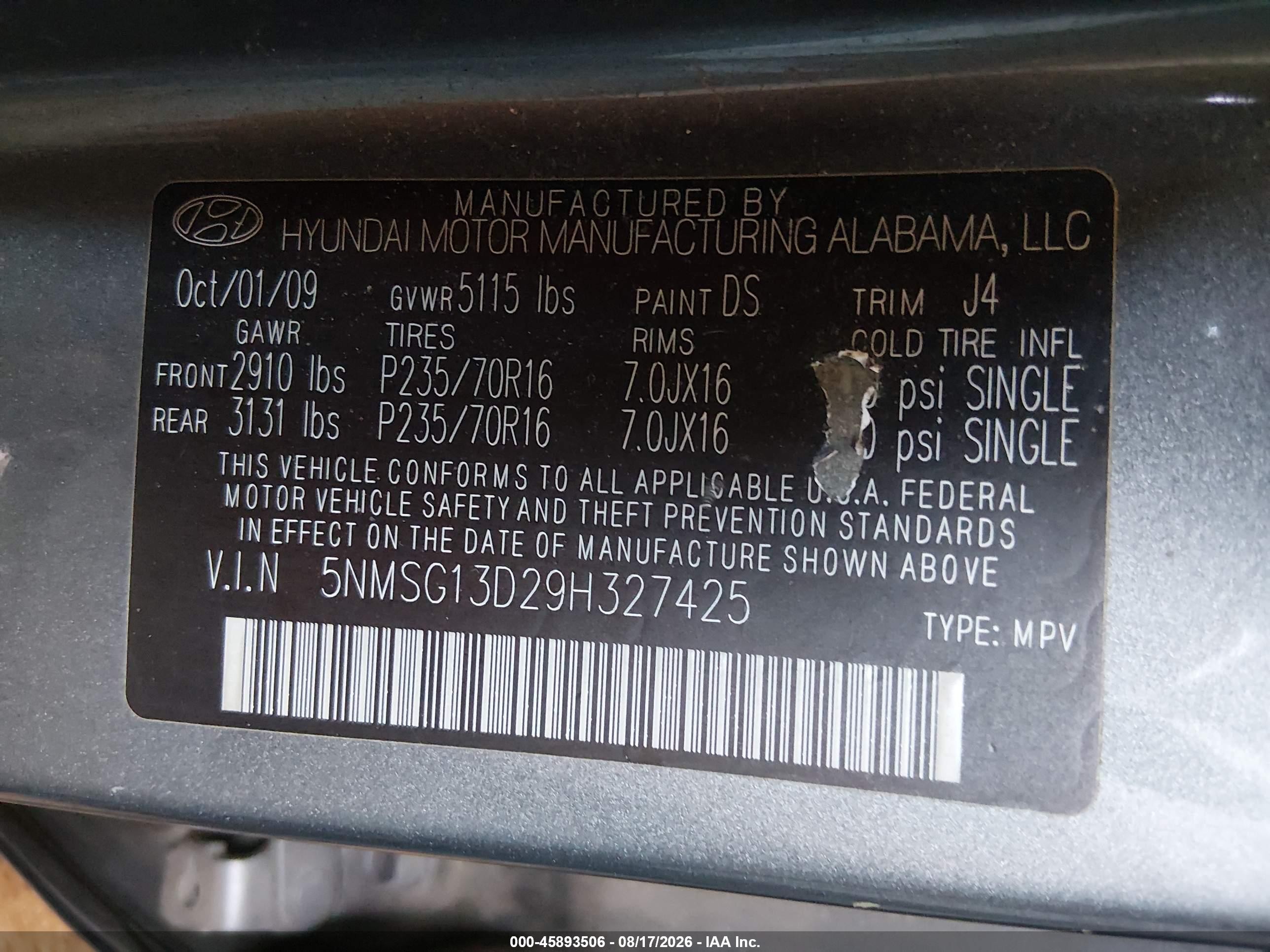 2009 Hyundai Santa Fe Gls Blue vin: 5NMSG13D29H327425