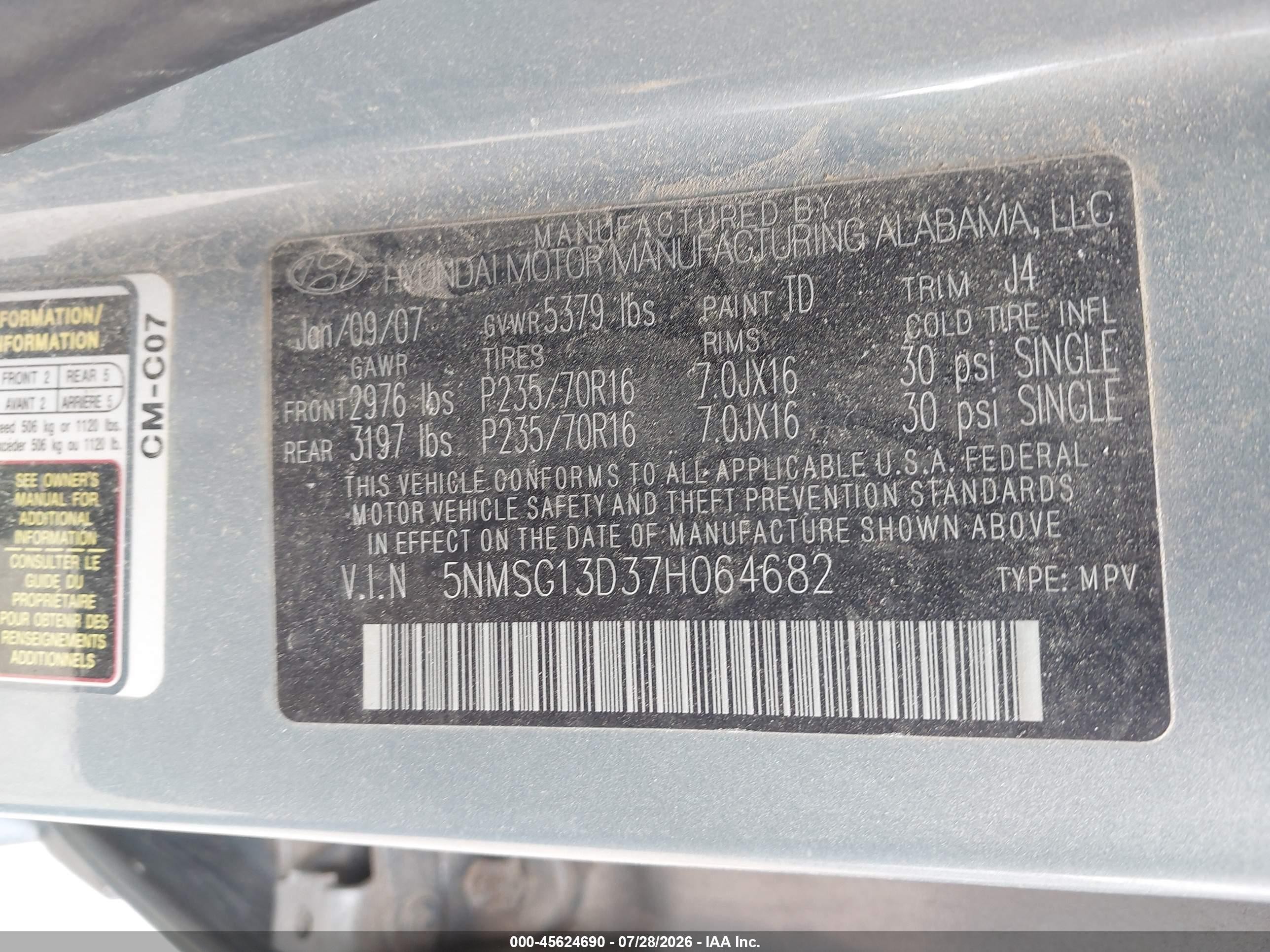 2007 Hyundai Santa Fe Gls Blue vin: 5NMSG13D37H064682