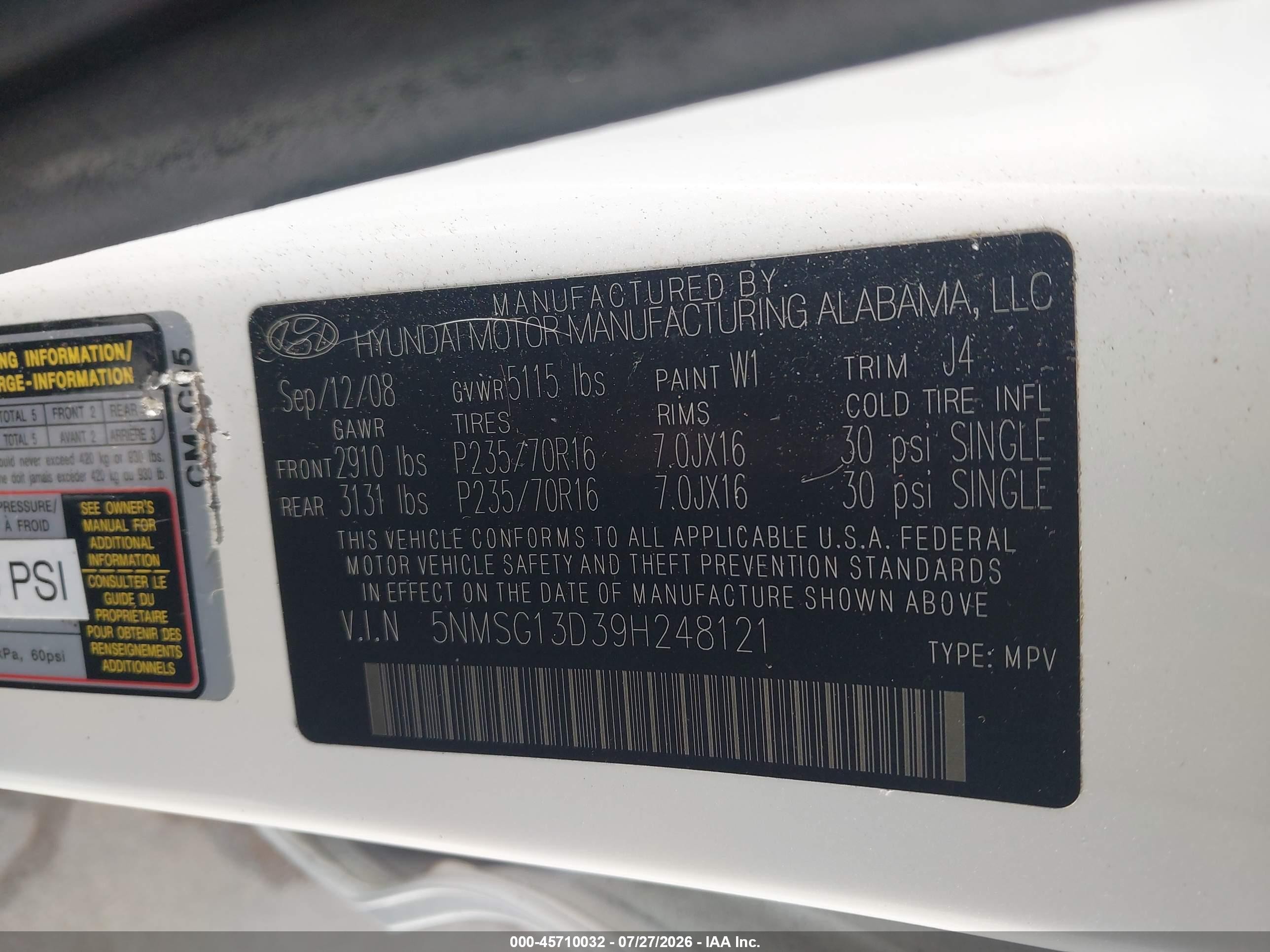 2009 Hyundai Santa Fe Gls White vin: 5NMSG13D39H248121