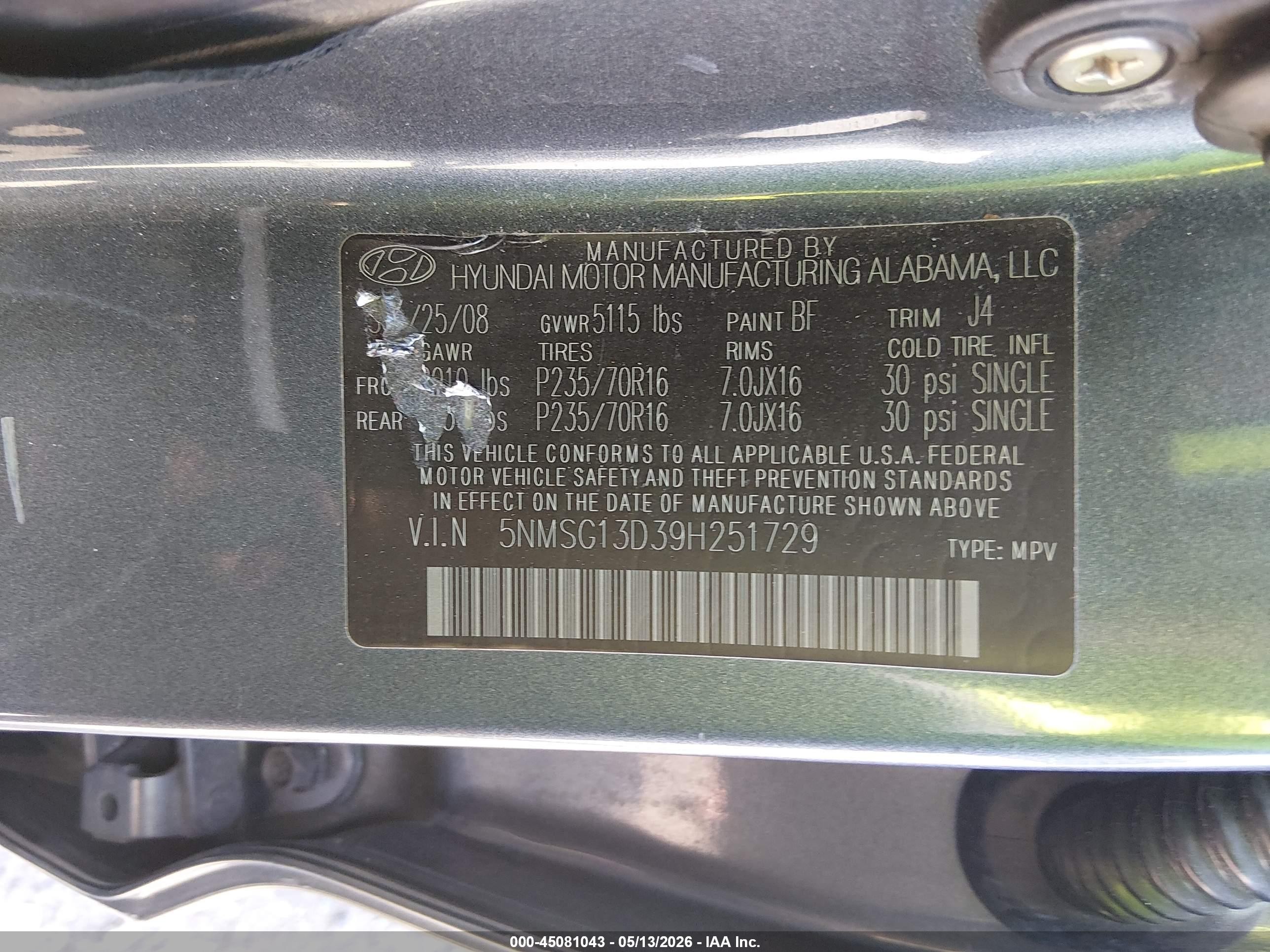 2009 Hyundai Santa Fe Gls Blue vin: 5NMSG13D39H251729